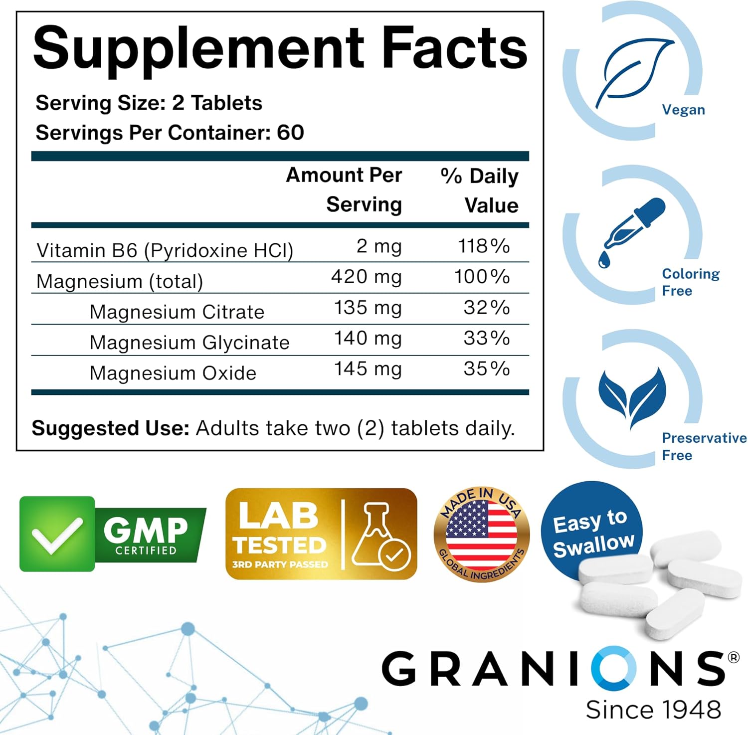 Granions Triple Magnesium Complex + Vitamin B6-420mg Elemental Magnesium Gylcinate Citrate Oxide - Made in USA - Muscle, Nerves, Calm, Sleep 100% DV Supplement for Women and Men - 120 Tablets