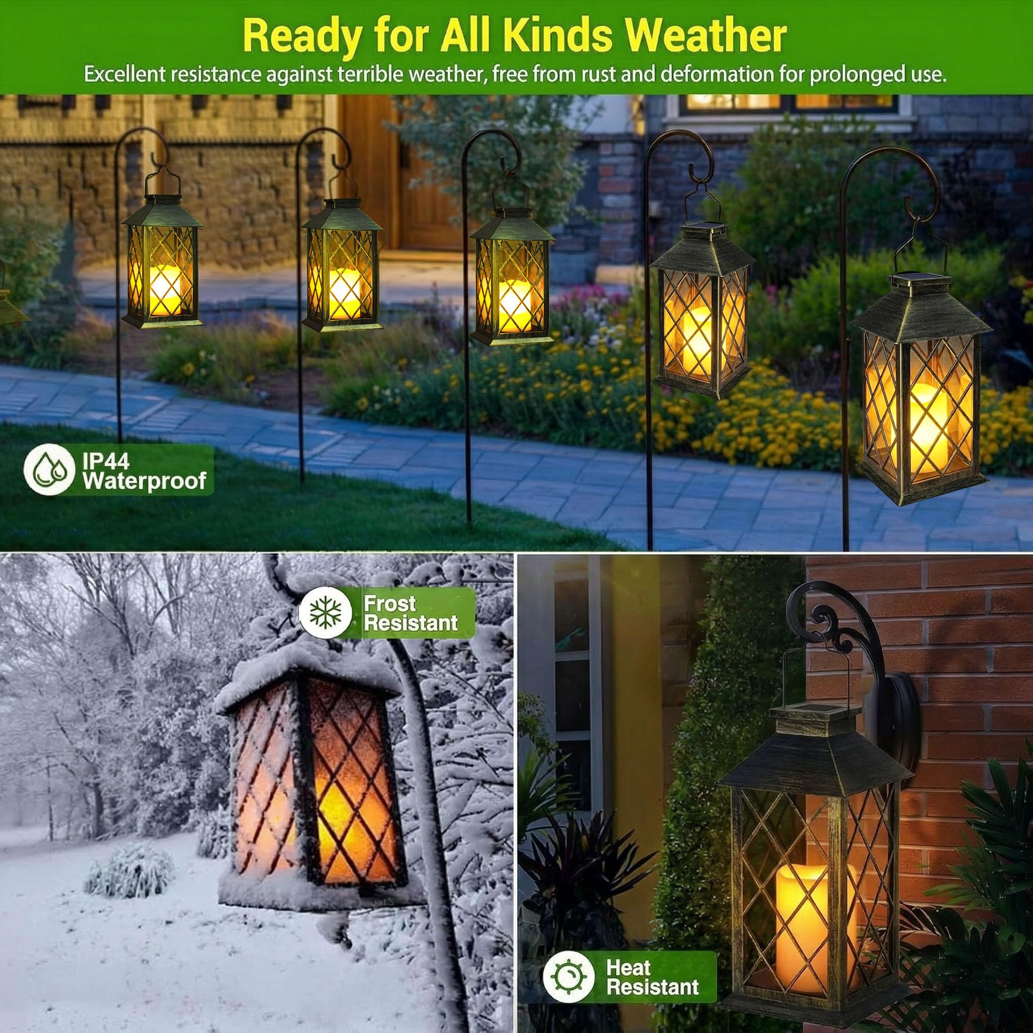 Yowin Lanterne da Esterno 2 Pezzi 35cm Grande Lanterna Solare da Giardino con Candele Tremolante, Vetro Temperato, Lampada Solari da Appendere Impermeabile Lampade da Tavolo per Giardino Balconi