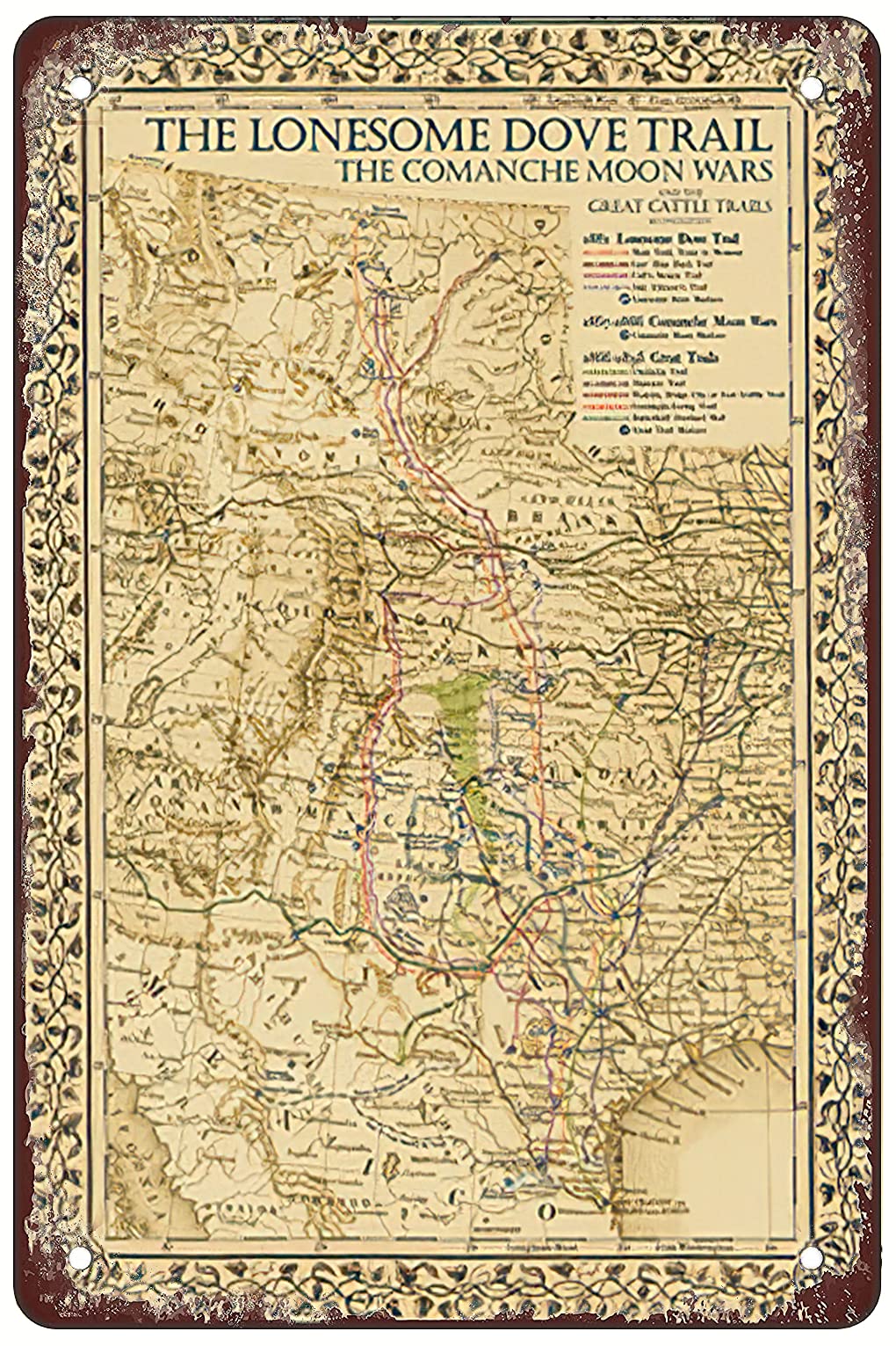 Bigccaee 1881 Lonesome Dove & Great Cattle Trails Map Metal Tin Sign Wall Decor Retro Metal Tin Sign 8X12 Inches