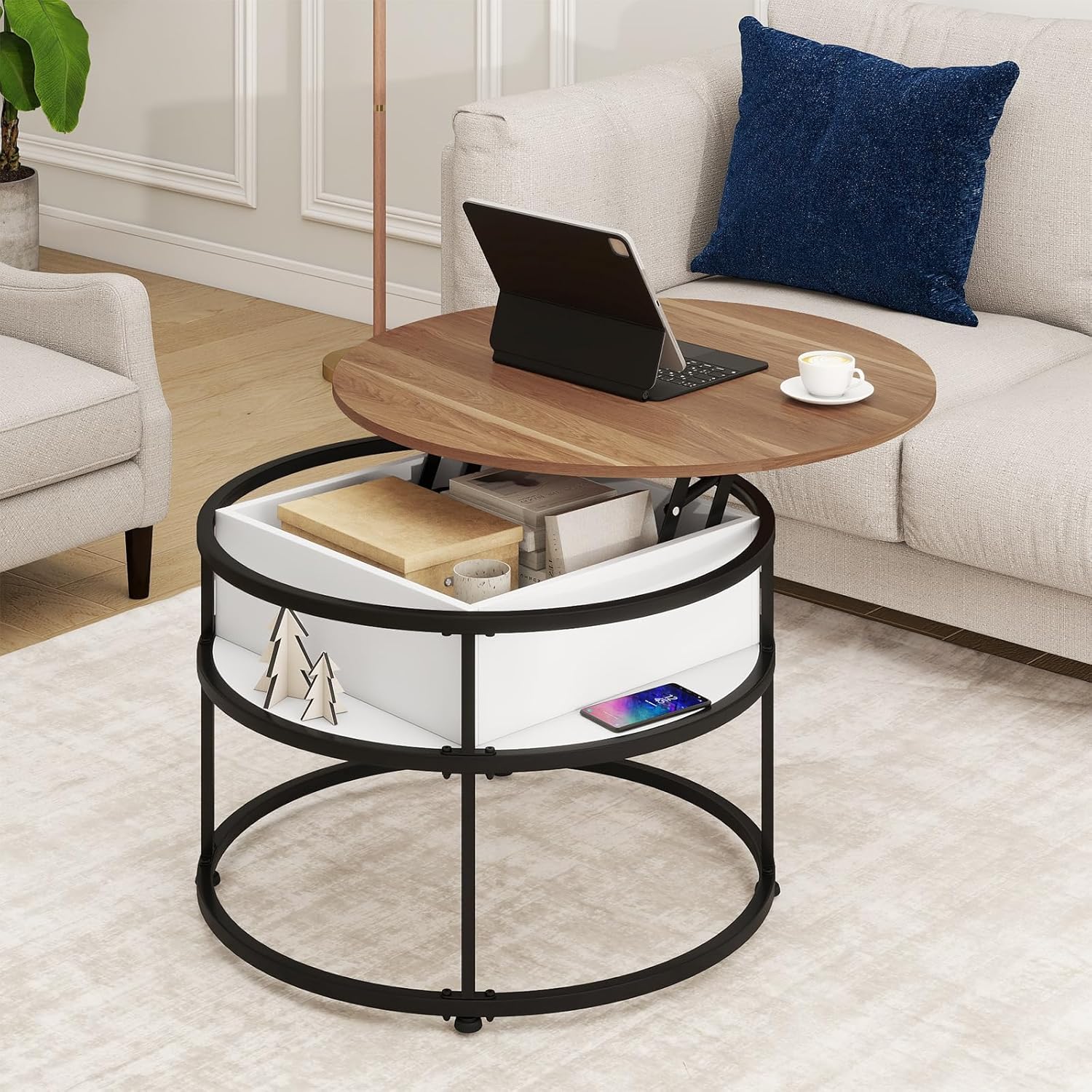 Tangkula Lift Top Coffee Table, 31.5” Round Center Table with Hidden Compartment & Side Shelves, 2-Tier Small Accent Cocktail Table for Small Spaces, Living Room, Apartment (Brown & White)