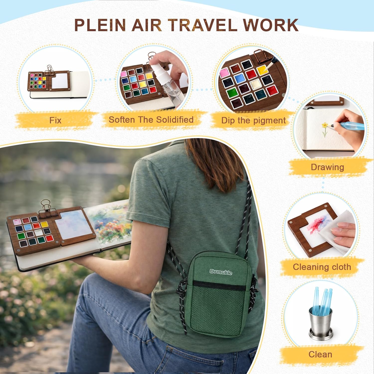 Mini Watercolor Paint Set All-in-One 15-Color Walnut Wood Travel Watercolor Kit with Crossbody Bag Paint Supplies Portable Pocket Painting Set for Art Lovers Artists Gifts (Green)