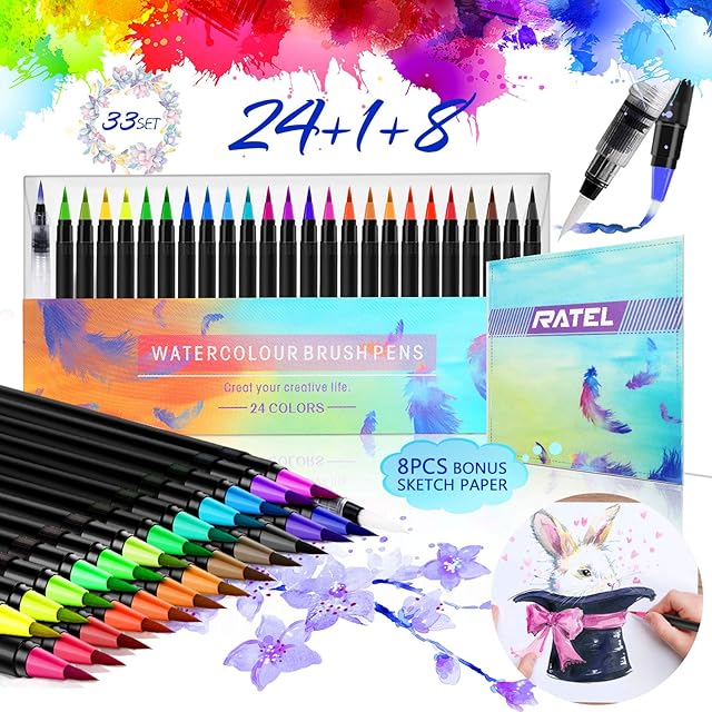 RATEL Real Brush Pens Set Include 24 Watercolor Brush Pens with Flexible Nylon Brush Tip, 1 Water Brush Pen, 1 Watercolor Pad for Colouring Books, Calligraphy, Drawing and Writing