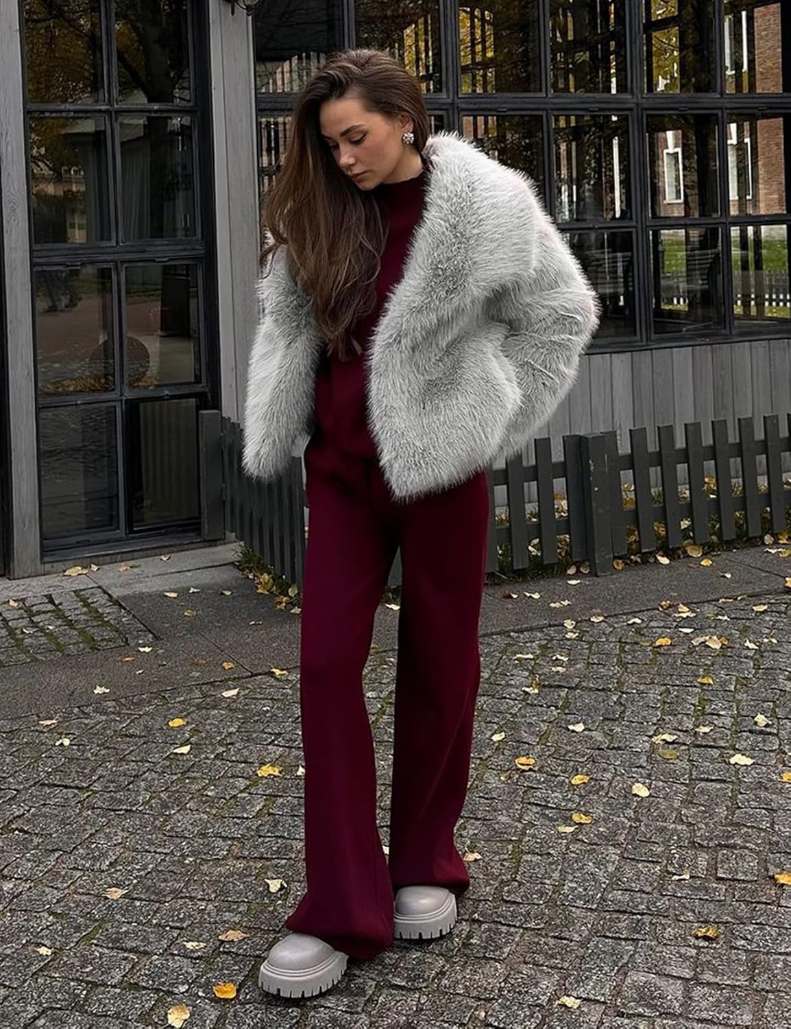 Wyeysyt Womens Faux Fur Coat Cropped Fluffy Shaggy Jacket Lapel Winter Warm Furry Short Coat - Image 6