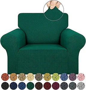 KEKUOU Stretch Single Sofa Slipcover 1 Piece Couch Sofa Cover (31"-55") Furniture Protector 1 Seater Sofa with Elastic Bottom for Kids,Pet.Jacquard Small Checked Pattern Fabric(Small,Hunter)