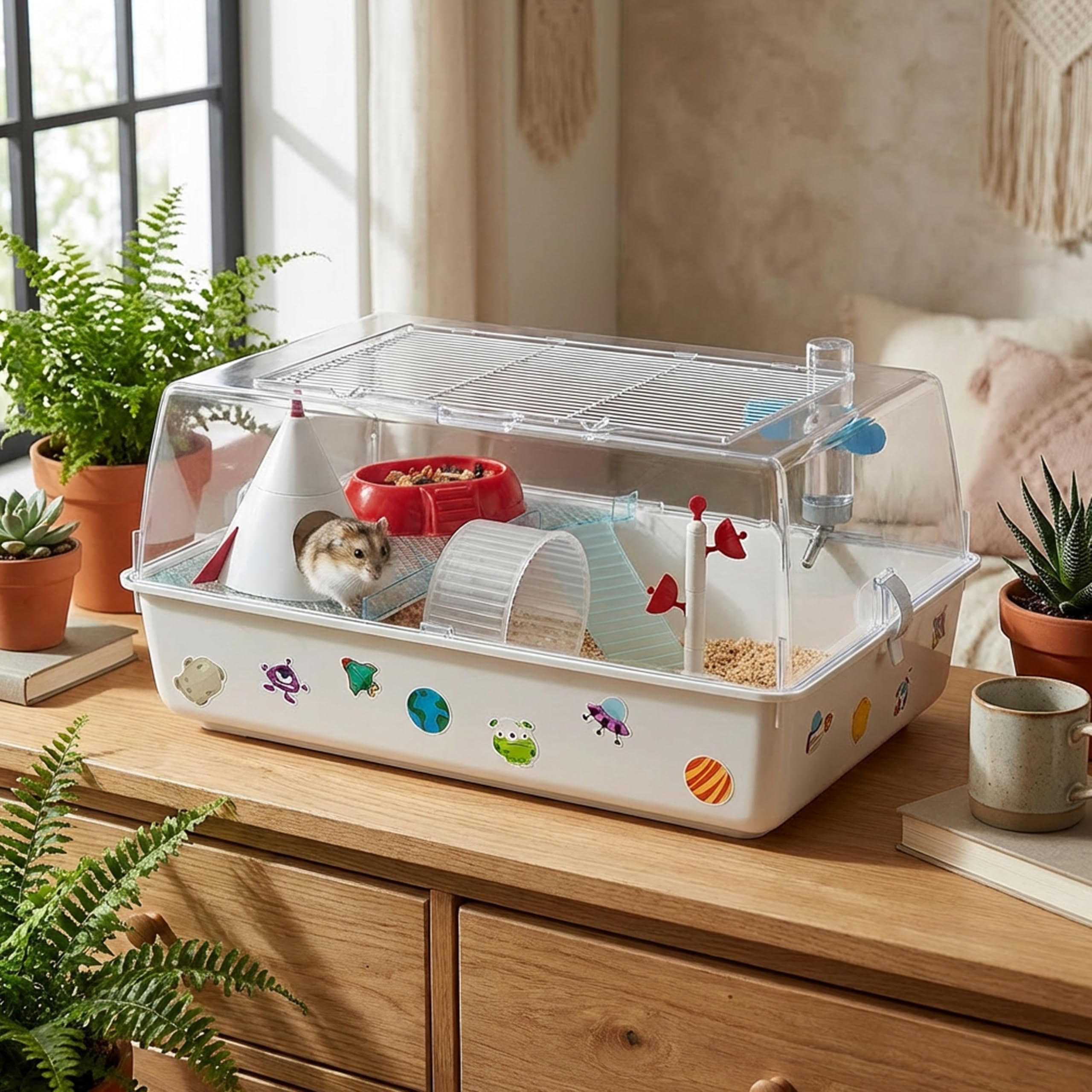 Ferplast Gabbia per Criceti a tema Spazio, Tetto Apribile, Habitat con tutti gli Accessori e Adesivi inclusi, Base Removibile, 55 x 39 x h 27 cm