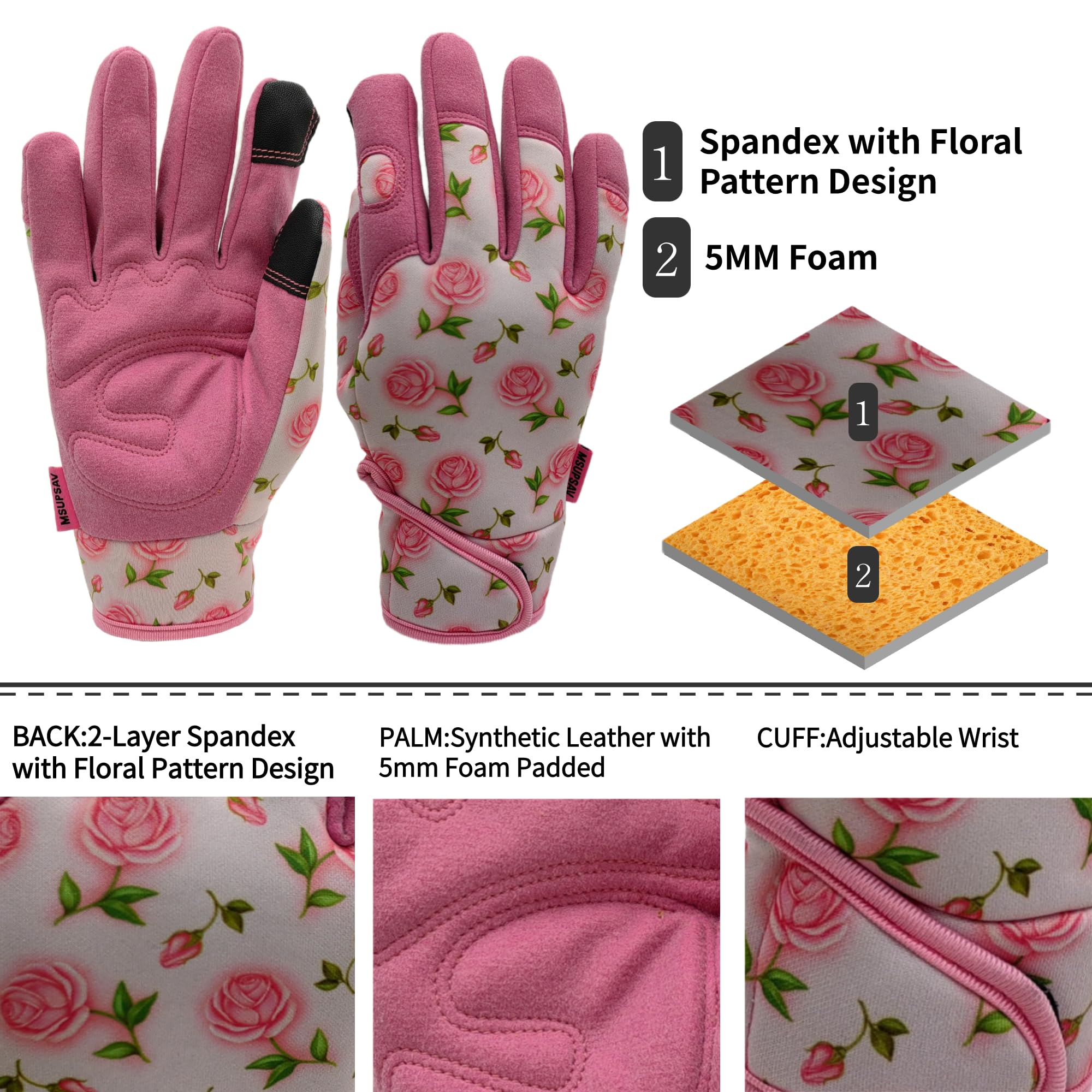 Gants de jardin pour femme, gants de jardinage en élasthanne et cuir synthétique, gants de travail de cour, cadeaux de jardinage et cadeaux de jardin (palmier rose, taille M)