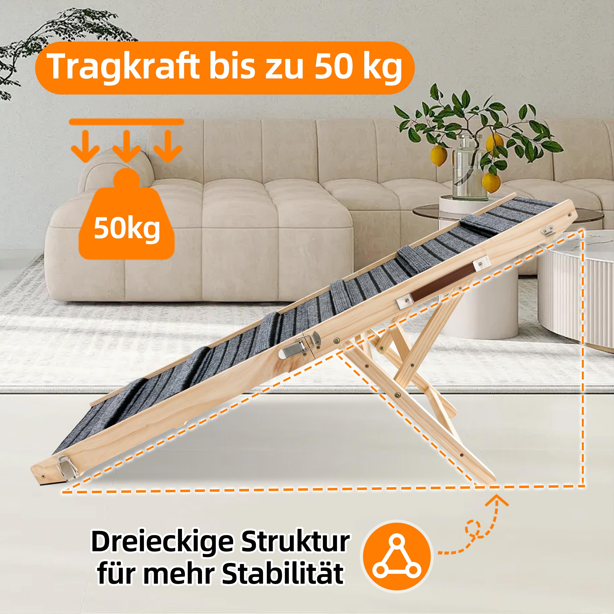 Hundrampe –rutschfest–extrabreite auffahrrampe，fhunderampe Auto klappbar mit Nahtloser Verbindung zur Plattform–belastbar bis zu 50kg – verstellbar,Sofa, Bett,Auto für Kleine Hunde(L)
