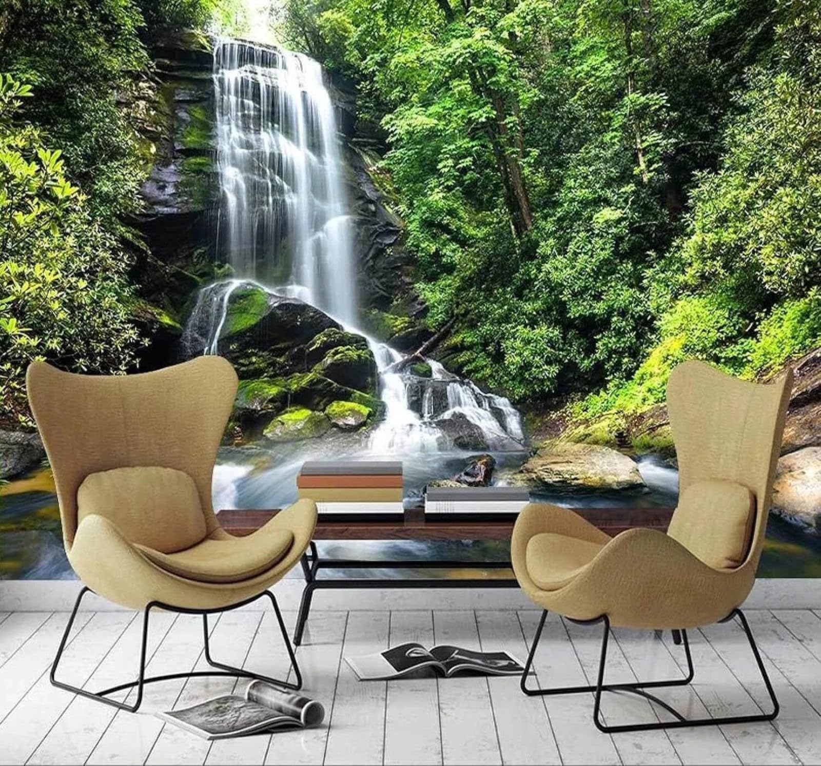 XLMING Fresh Green Forest Waterfall Natural Scenery 3D Wallpaper Luxury Silk Study Dining Feature Sofa Grey Bedroom Living Room Tv Decorative Wall-350cm×256cm
