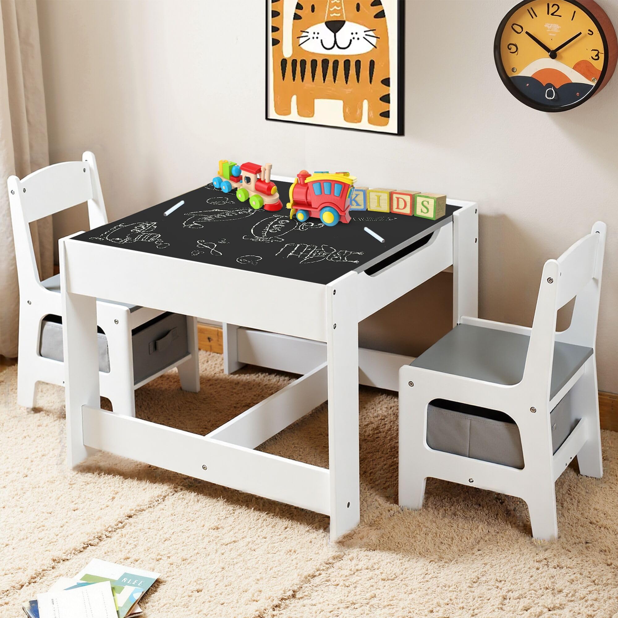 TODEFULL Kids Table and 2 Chairs Set, 3 in 1 Wooden Activity Table W/Storage Drawers, 2 in 1 Detachable Tabletop, Storage Space, Play Table Set for Toddlers Arts, Crafts, Drawing, Reading, Gray
