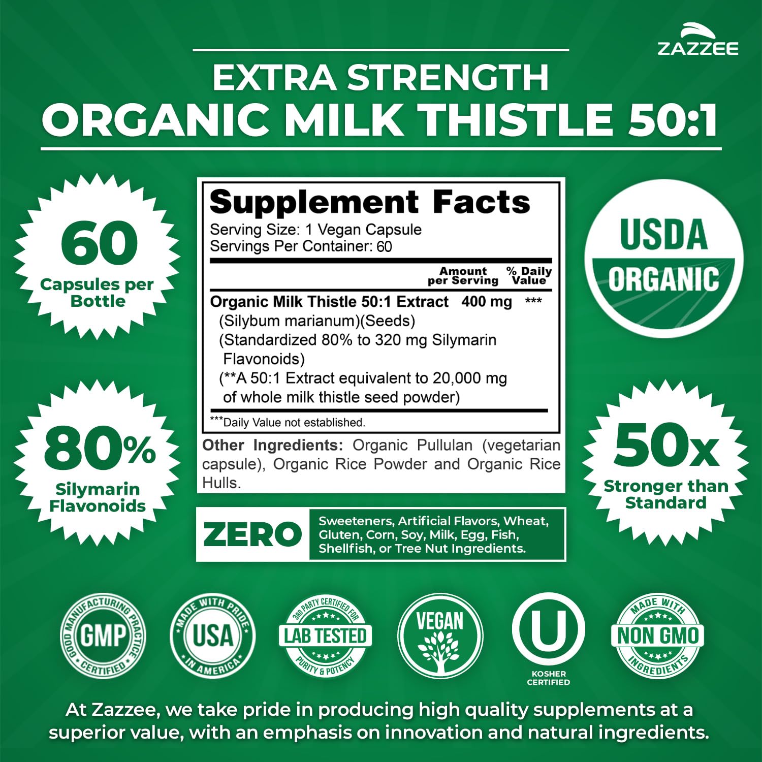 Zazzee USDA Organic Milk Thistle 50:1 Extract, 60 Vegan Capsules — Amazon image 3