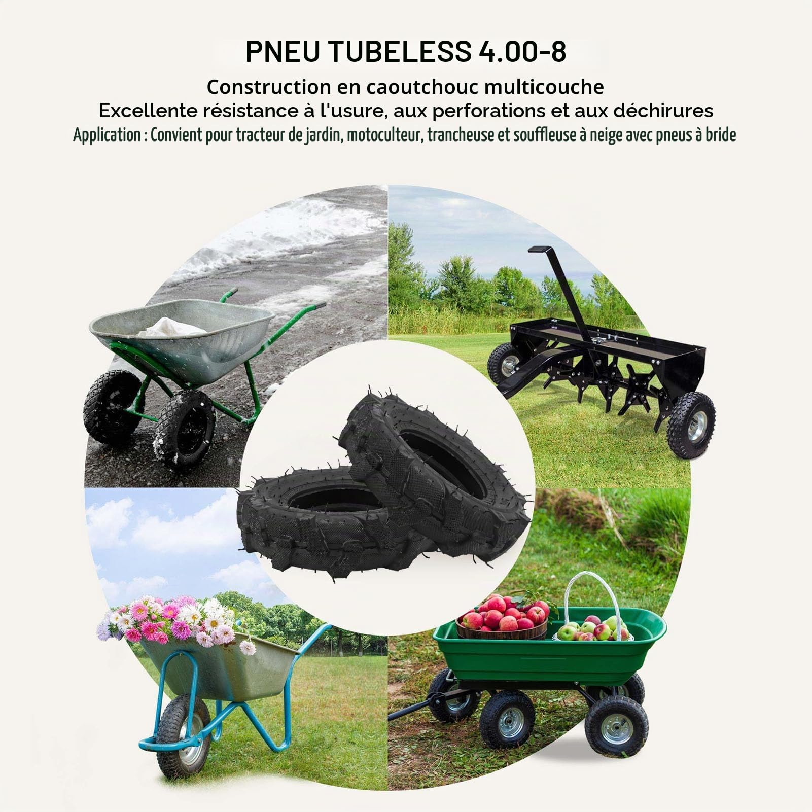 Ensemble de 2 Pneus 4.00-8 sans Chambre à Air, Pneus de Tracteur sans Chambre à Air en Caoutchouc, Pneu de Tondeuse à Gazon 4PR, Motoculteur, Souffleuse à Neige avec Pneus à