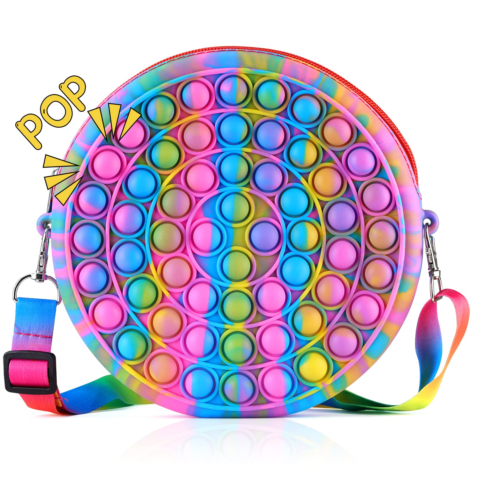 HoneyAKE Pop Shoulder Bag Fidget Bag for Girls,Pop On It Purse,Tie Dye Circle Crossbody for Kids,Party Favors for Birthday Christmas
