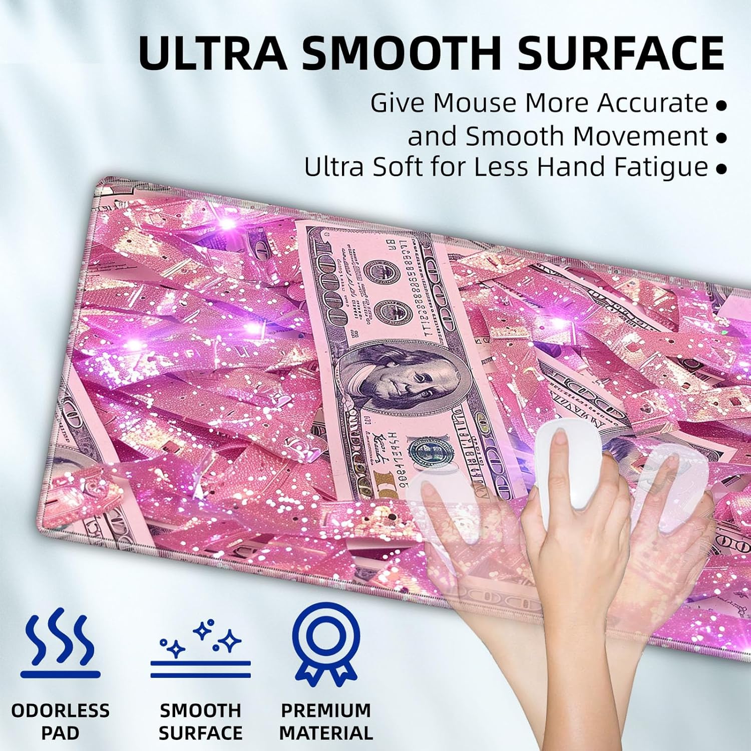 Large Mouse Pad with Rubber Base, Pink Sparkly Money Bills Sparkles Ideal Desk Pad for Office and Home Use - Premium Desk Cover Mat Office Desk Accessories and Desk Mat for Keyboard and Mouse