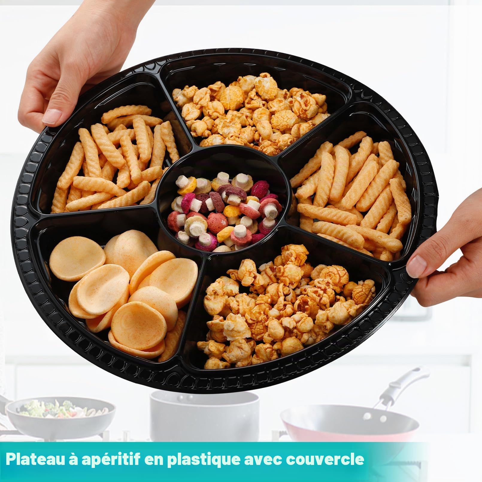 Lot de 30 plateaux à hors-d'œuvre avec couvercle, avec 6 compartiments séparés, plateaux robustes pour légumes, fruits, collations, plateau de service rond pour entrées, buffets de fête, noirs