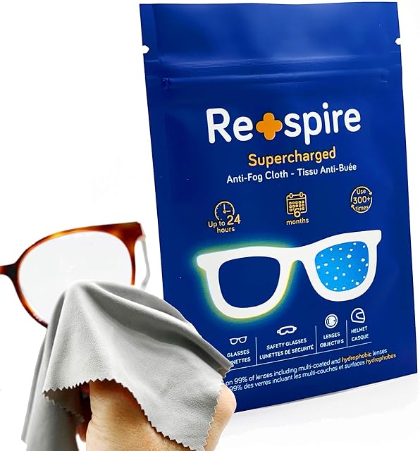 Re+spire 1 x Supercharged Anti-Fog Wipe for Glasses l Microfiber Cloth Reusable 300+ Times | Invisible Coating to Prevent Fog on Eye Glasses and Safety Glasses Up to 24H | Works on Hydrophobic Lenses