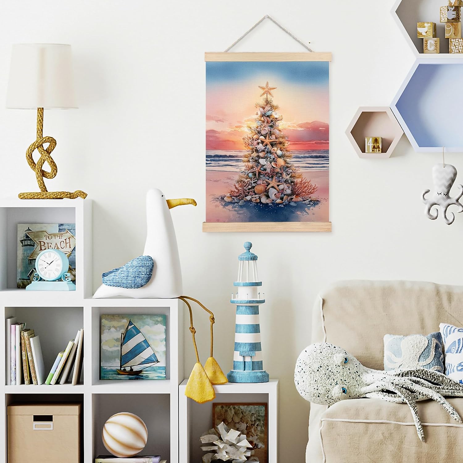 FDHSPAAM Beach Christmas Tree Wall Art Decor, Coastal Christmas Decor, Tropical Sunset Ocean Starfish Seashell Holiday Wall Art Posters for Beach House Home Bedroom Living Room, 12x16 Inch - Image 3