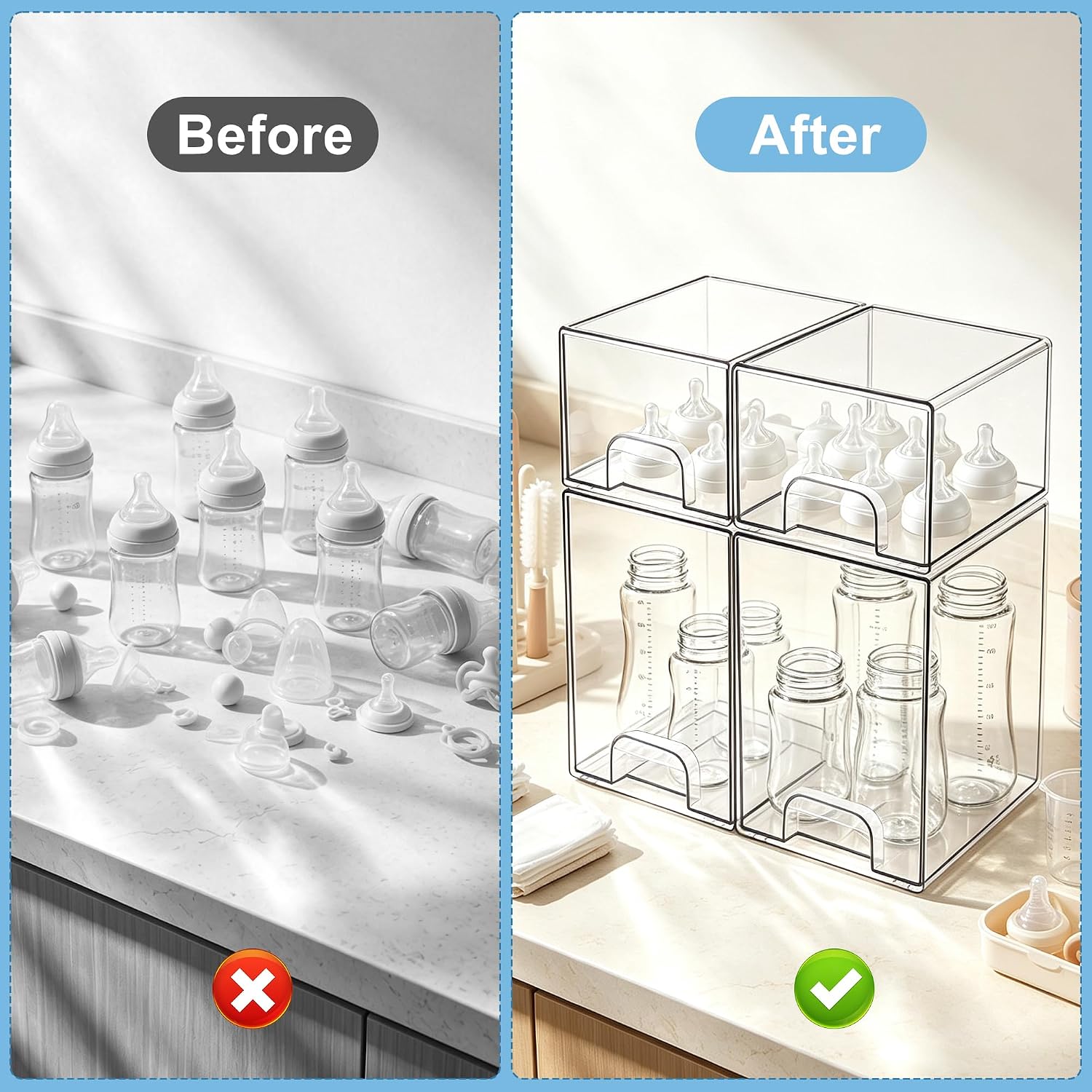 4 Pack Baby Bottle Storage Organizer for Countertop, Acrylic Storage Drawer