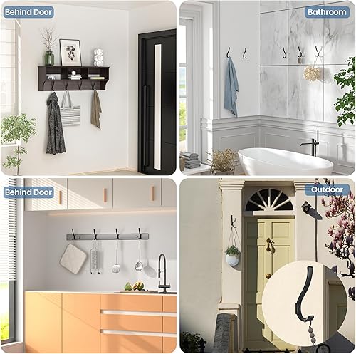 Miniatura 3 de 6 ganchos negros grandes, montaje en pared resistente, para colgar, mochilas, baño, vestíbulo, entrada