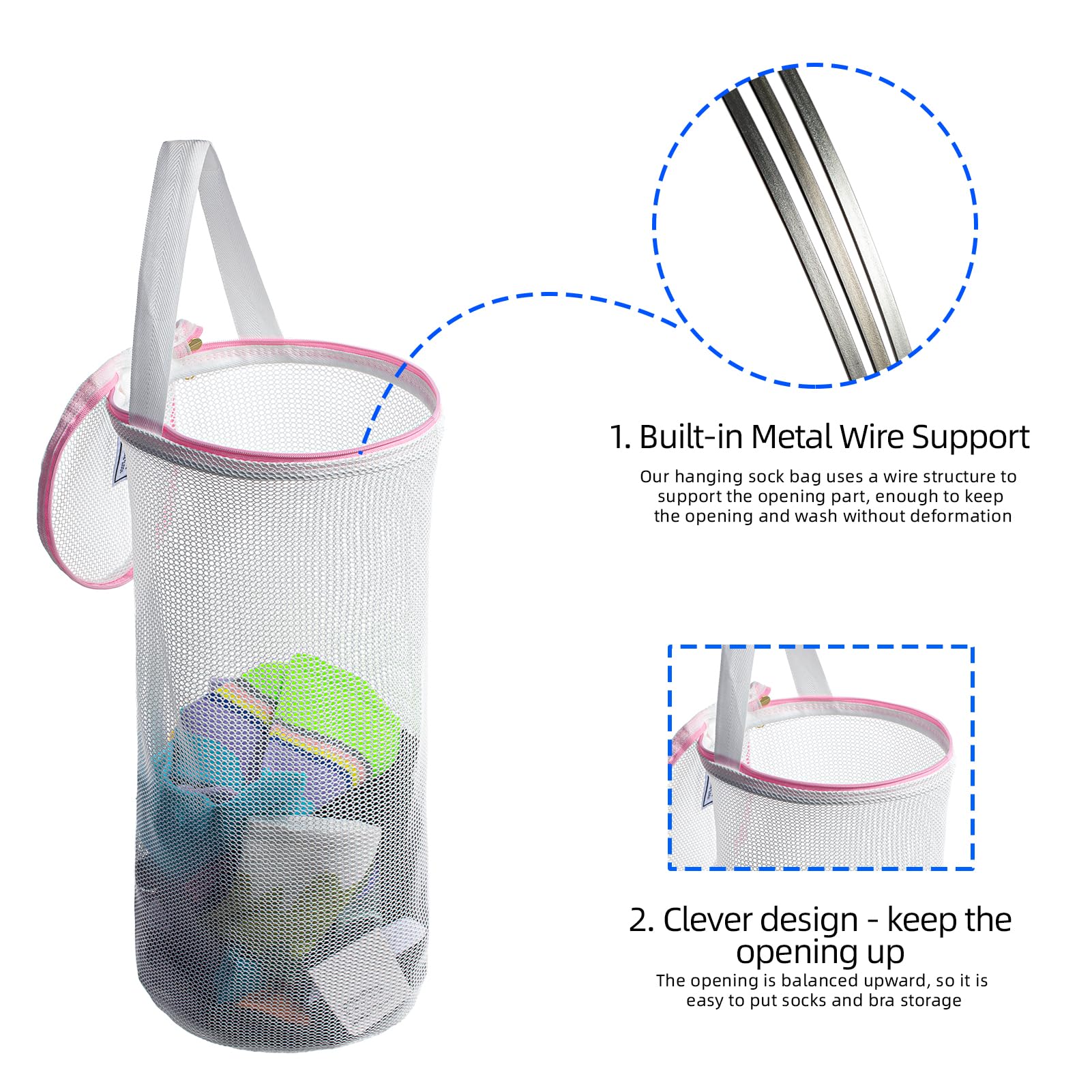 MIFNRO Medium Capacity Sock Laundry Bag With Wire Construction Opening Use YKK Zipper Tote Bag Bathroom Hanging Suitable For Underwear, Socks Fine Mesh Laundry Bag 1 Pink