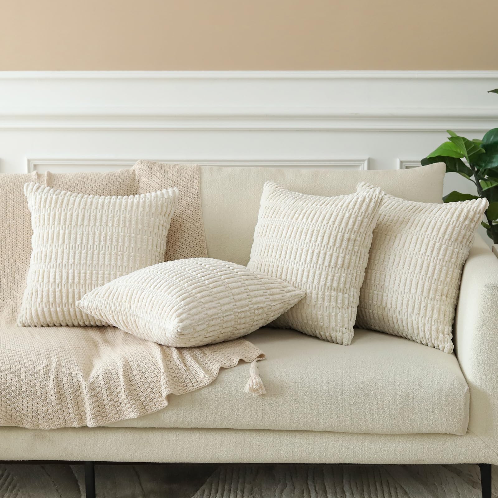 Sungeek Set of 4 Soft Corduroy Decorative Cushion Covers 40x40cm Square Striped Throw Pillow Covers 16x16 Inch for Sofa Couch Living Room Patio Farmhouse Boho Home Decor Pillowcases (Cream White) - Image 3