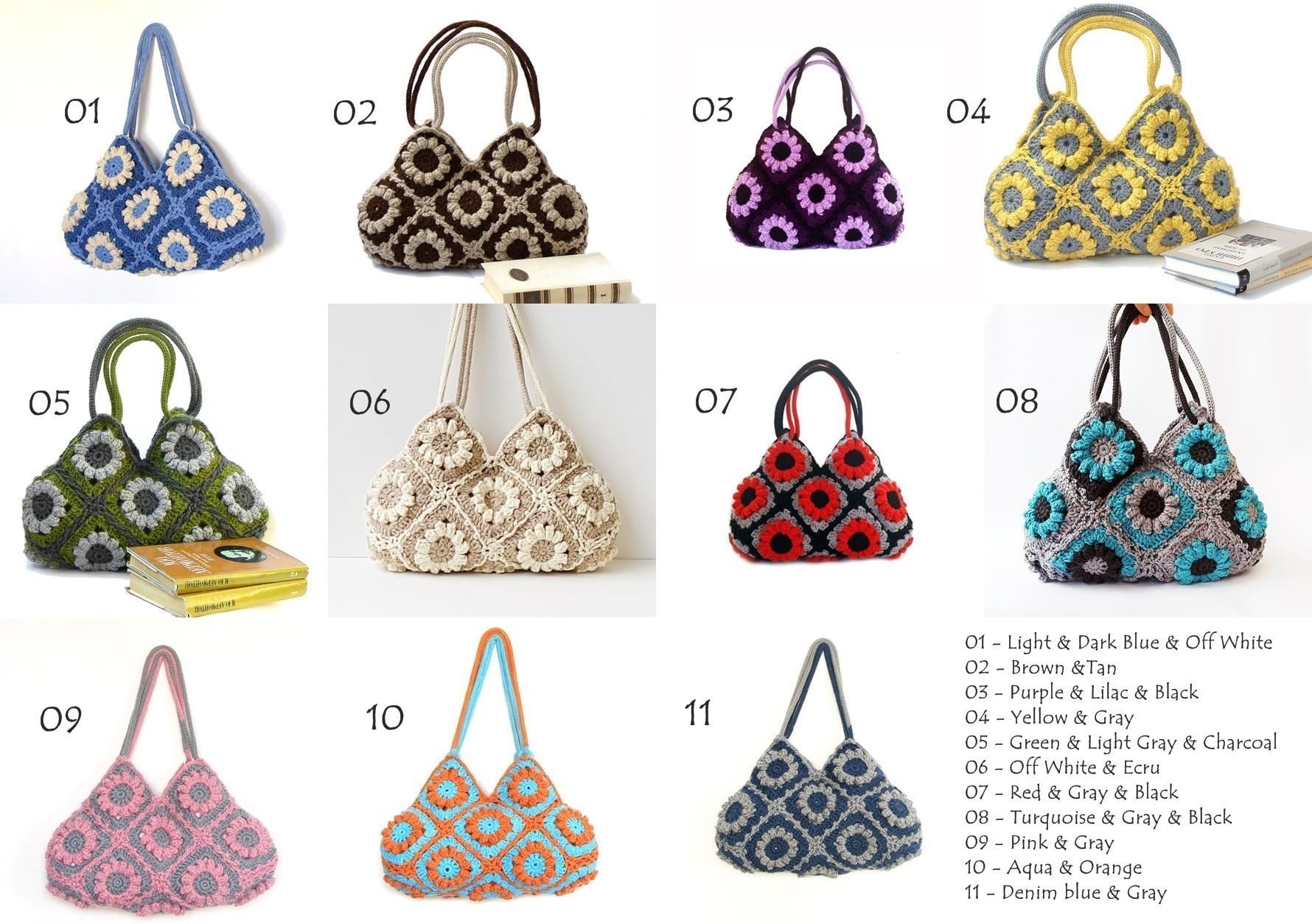 Handmade Woman Crochet Top Handle Shoulder Bag With Flowers 11 Different Color Styles 15 X 9 inch