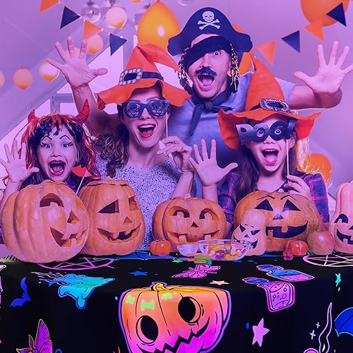 Miniatura 4 de Alishomtll Mantel redondo fluorescente de Halloween de 60 pulgadas, mantel redondo para pedir dulce o truco, mantel impermeable con calabazas,
