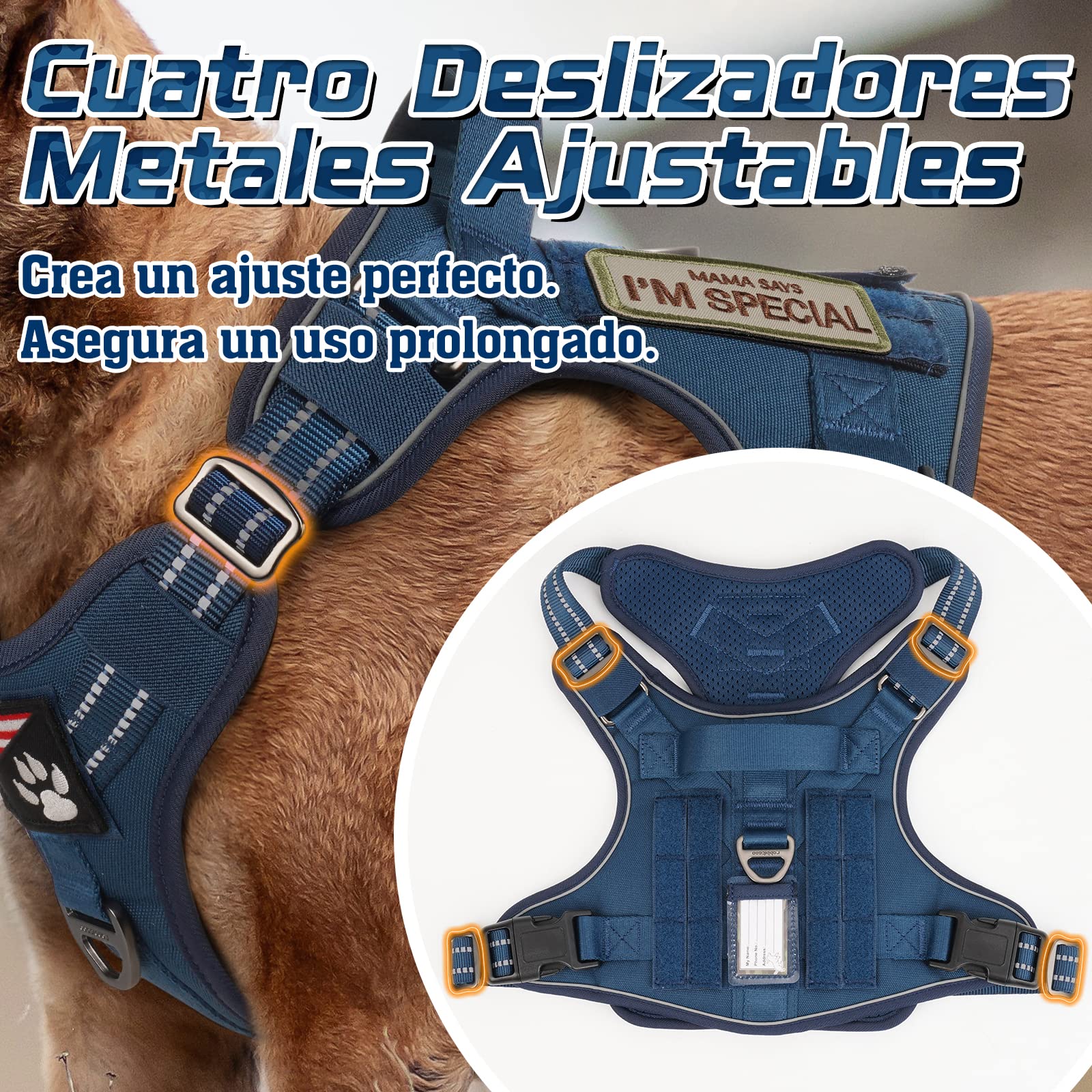 rabbitgoo Arnes Perro Antitirones, Arnes Perro Grande Mediano Transpirable, Arnes Táctico Perro Ajustable con Asa Anillos y Molle, Chaleco Durable Reflectante para Adiestrar, Caminar, Cazar, Azul XL
