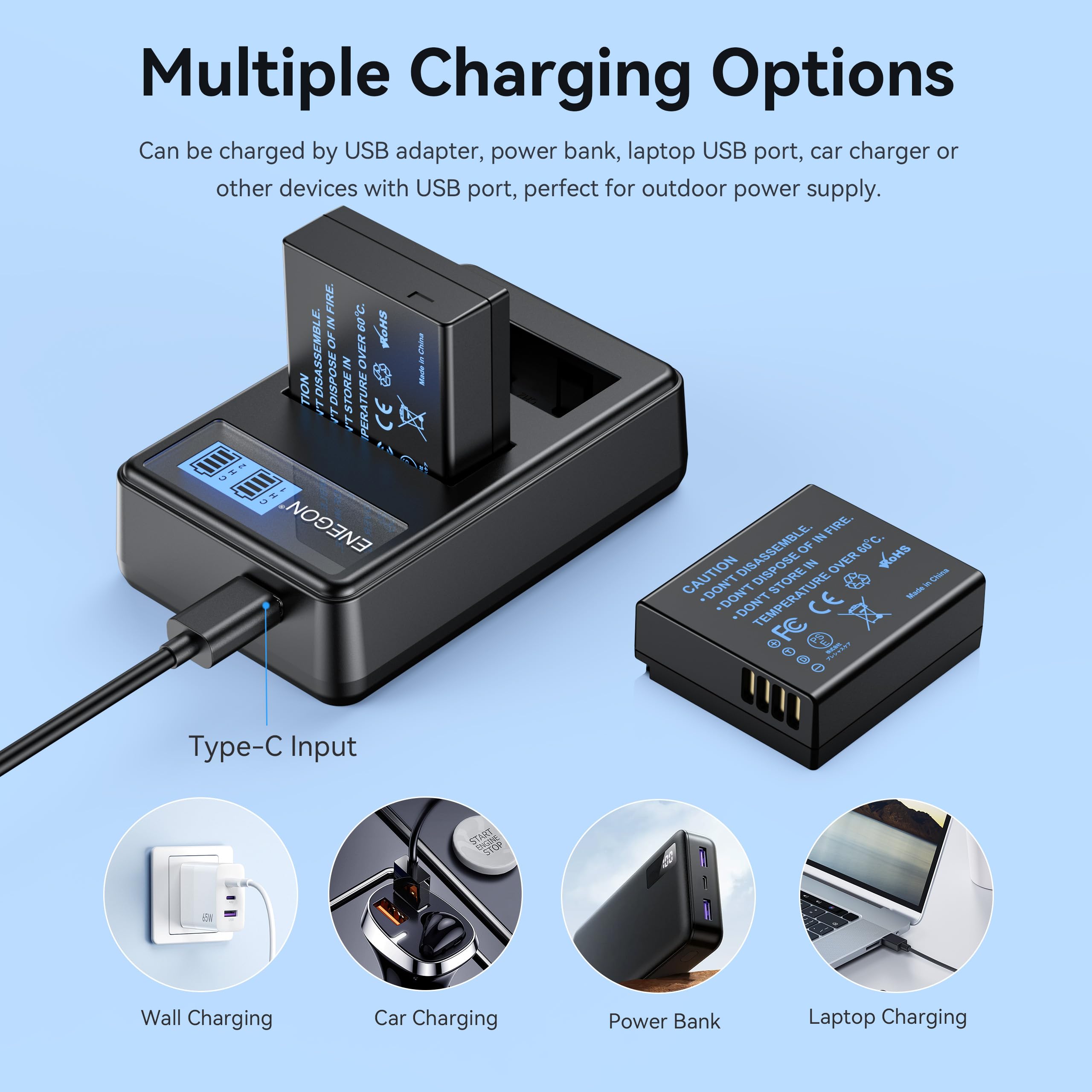 ENEGON Pack da 2 DMW-BLE9 DMW-BLG10 1200mAh Batteria e caricabatteria, cavo USB-C e display LCD, per Panasonic Lumix DC-LX100 II, TZ202, TZ101, TZ99, TZ91, TZ81, DMC-GX7, DMC-GX9, DMC-GX80, DMC-GX85