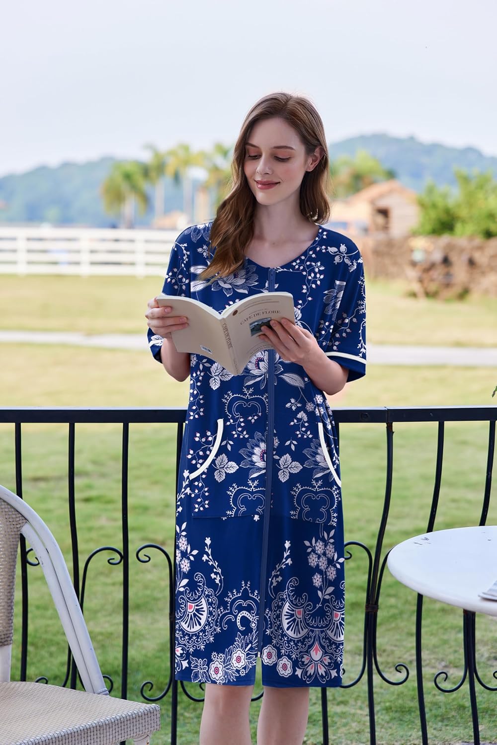 Ekouaer Women Zipper Robe Short Sleeve Duster Housecoat Short Bathrobes Zip Front Nightgown with Pockets S-3XL