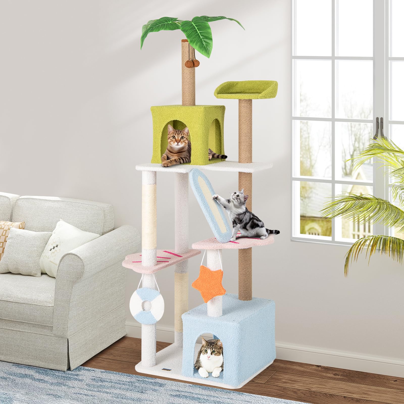 GYMAX Albero Tiragraffi per Gatti Alta180 CM, Torre Multilivello con 2 Condomini, Rampicante e Posti per Graffiare, Morbida, Decorazione a Tema Spiaggia, Centro Attività per Gattini e Gatti Adulti