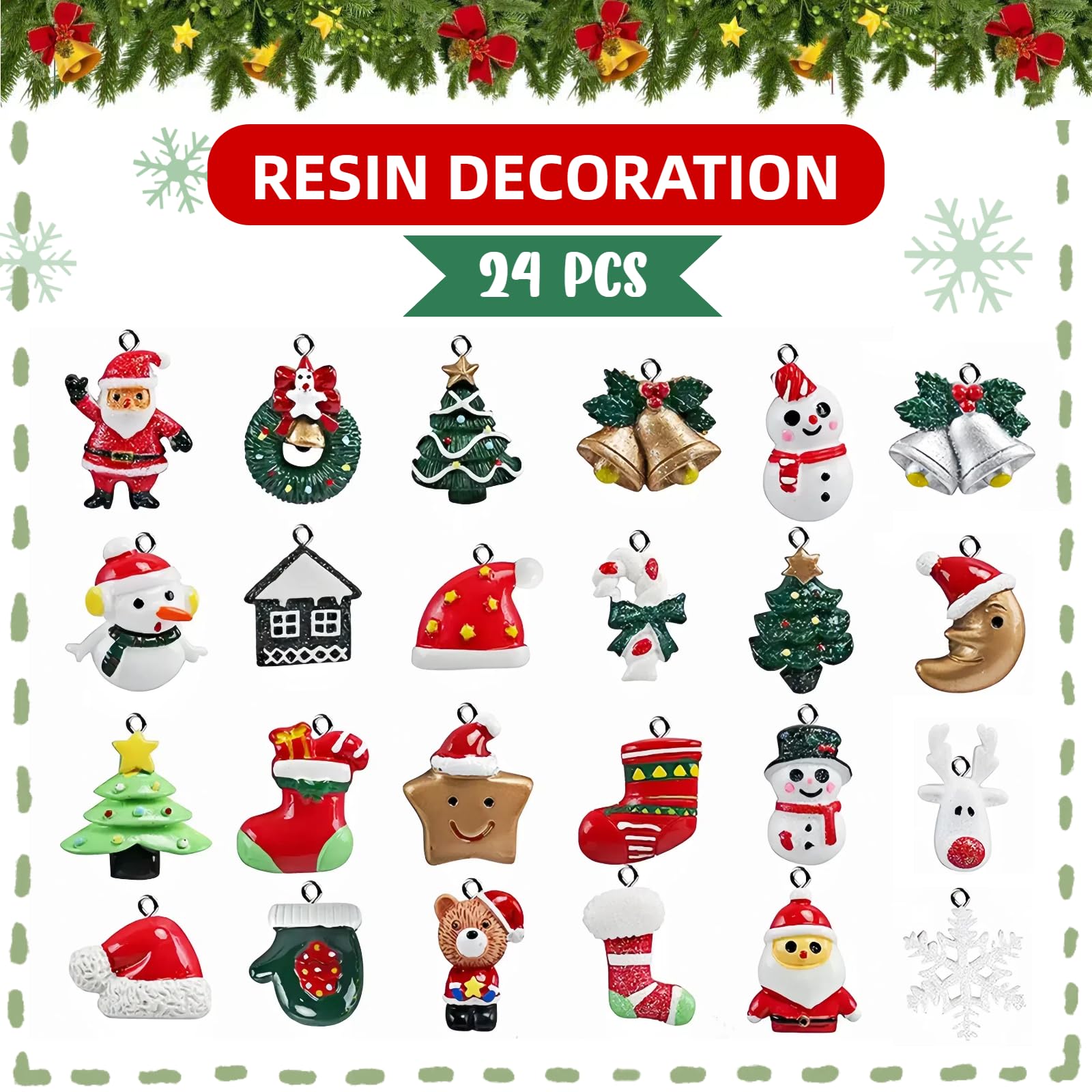 Naler 24PCS Mini Christmas Ornaments, Resin Design with Santa Claus, Snowman, Reindeer and More for Christmas Decoration