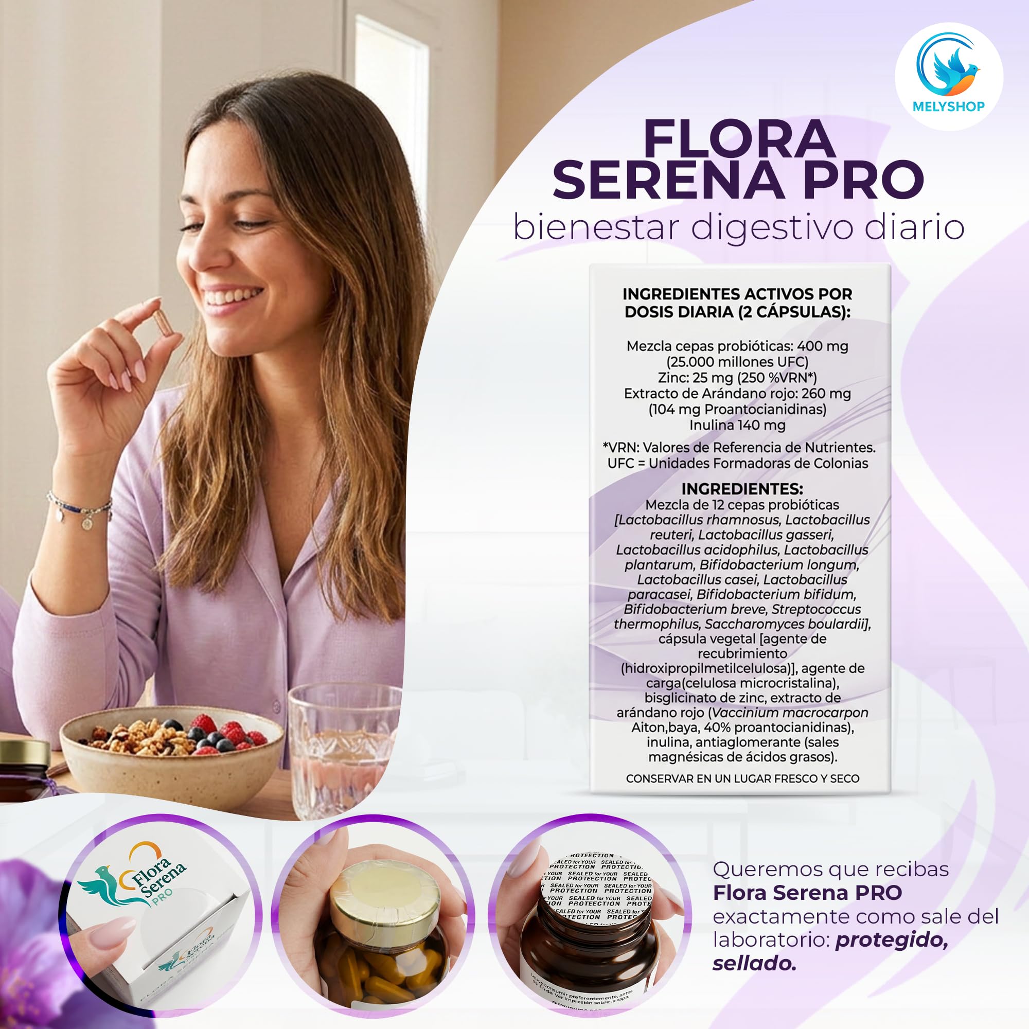 Flora Serena PRO - Probióticos Mujer Flora Íntima | Mezcla 12 Cepas, Arándano Rojo, Inulina y Zinc | Suplemento Avanzado para Equilibrar, Cuidar y Mejorar la Flora Intestinal y Digestiva