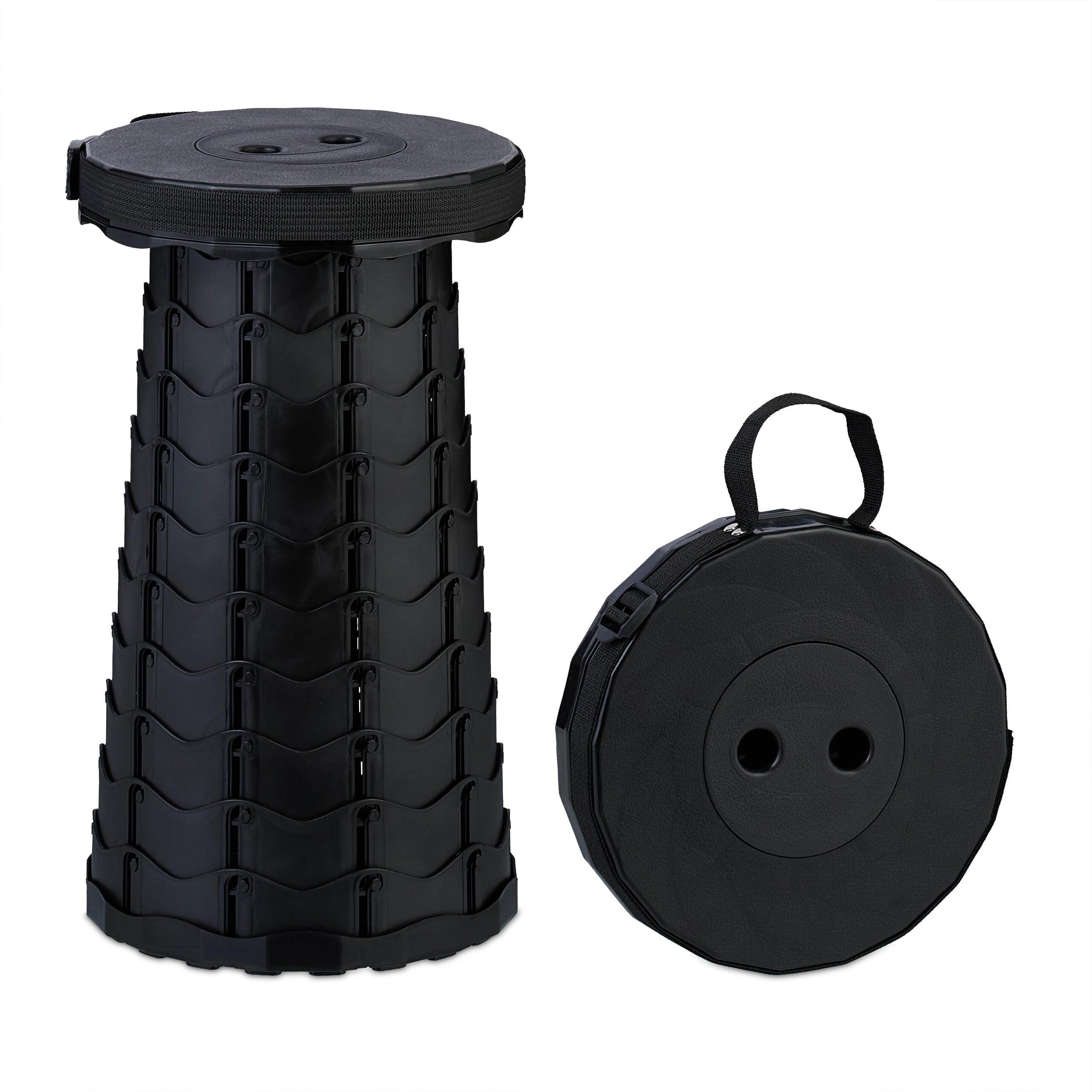 Relaxdays Taburete Telescópico, Banqueta Plegable Camping, Correa de Transporte, Altura Ajustable, 44,5x25x25 cm, Negro