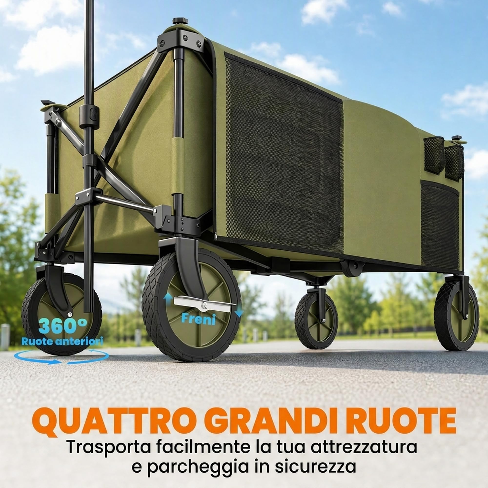 Outsunny Carrello da Giardino Pieghevole 125L 108x55x93 cm Verde | in Acciaio e Tessuto Oxford con Maniglia Retrattile e 5 Sacche