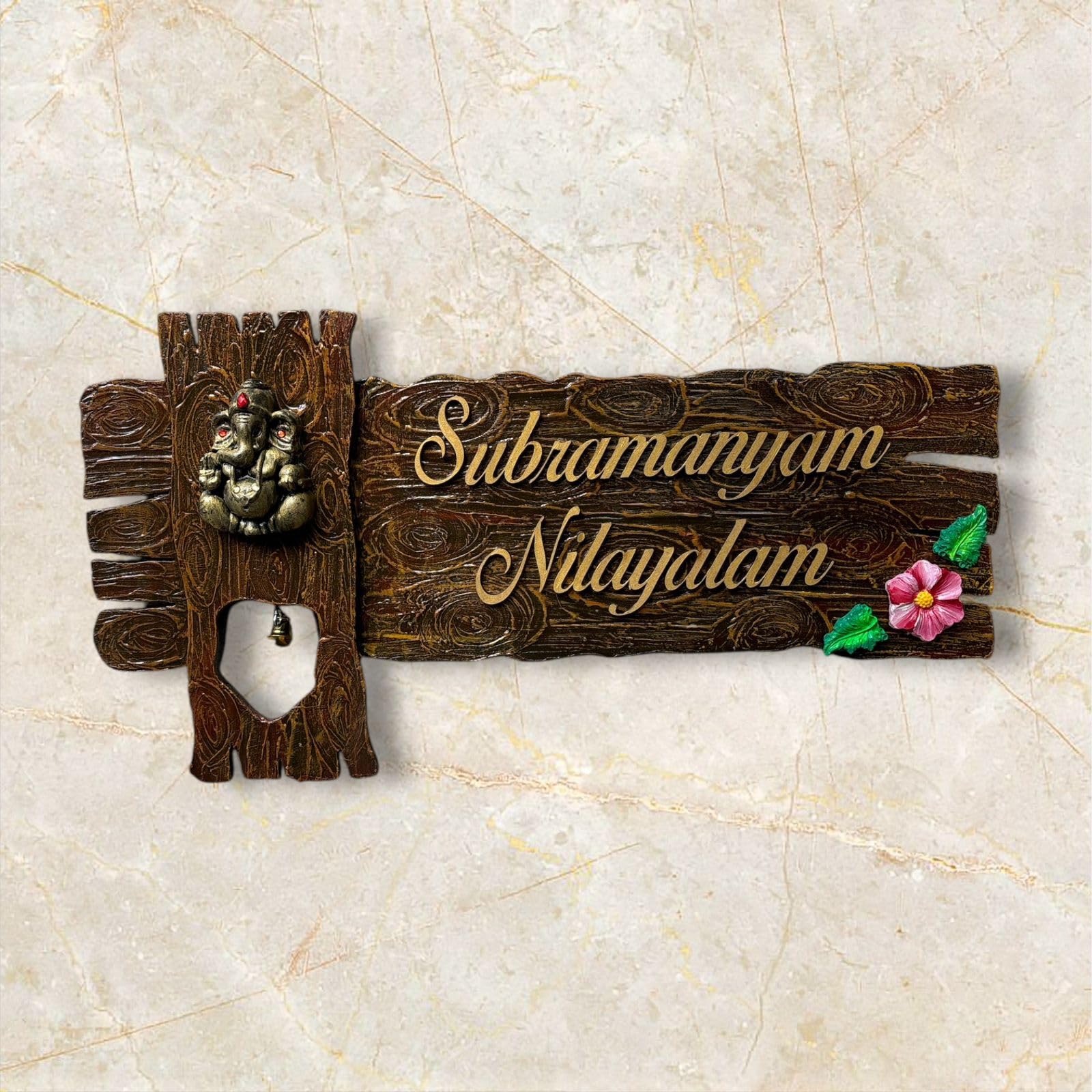 SPLASH ART Wooden Name Plate for Home, Ganesha Design with Bell, Rustic Brown Finish, Decorative Door Sign-image-30