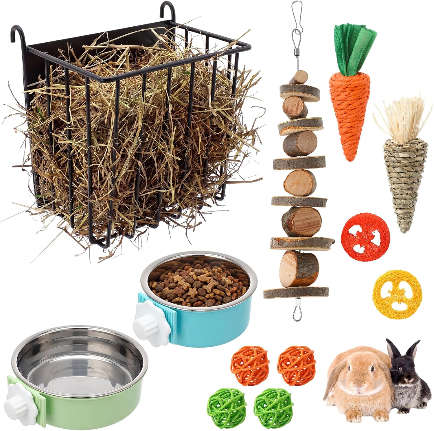 Rabbit Hay Feeder Set with 2 Bowls and Chew Toys, Heavy Duty Metal Hay Holder for Rabbits, Guinea Pigs and Chinchillas, Hanging Cage Feeding Accessories