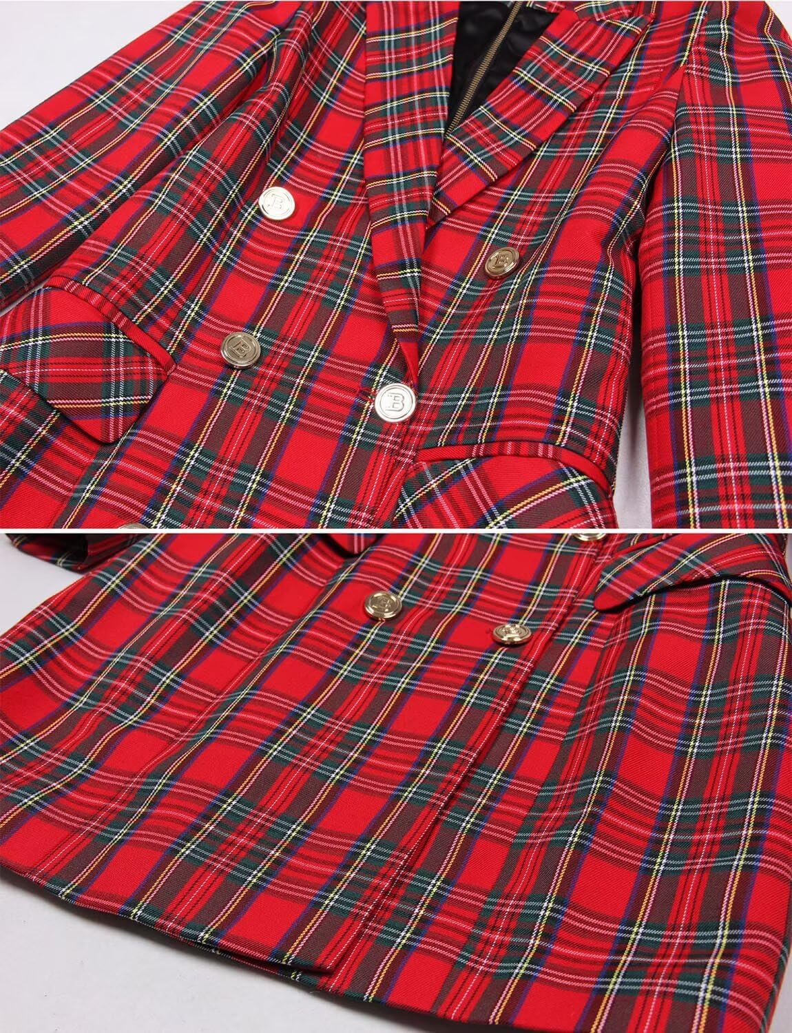 Women's Plaid Blazer Peak Lapel Double Breasted Work Formal Dress Jacket