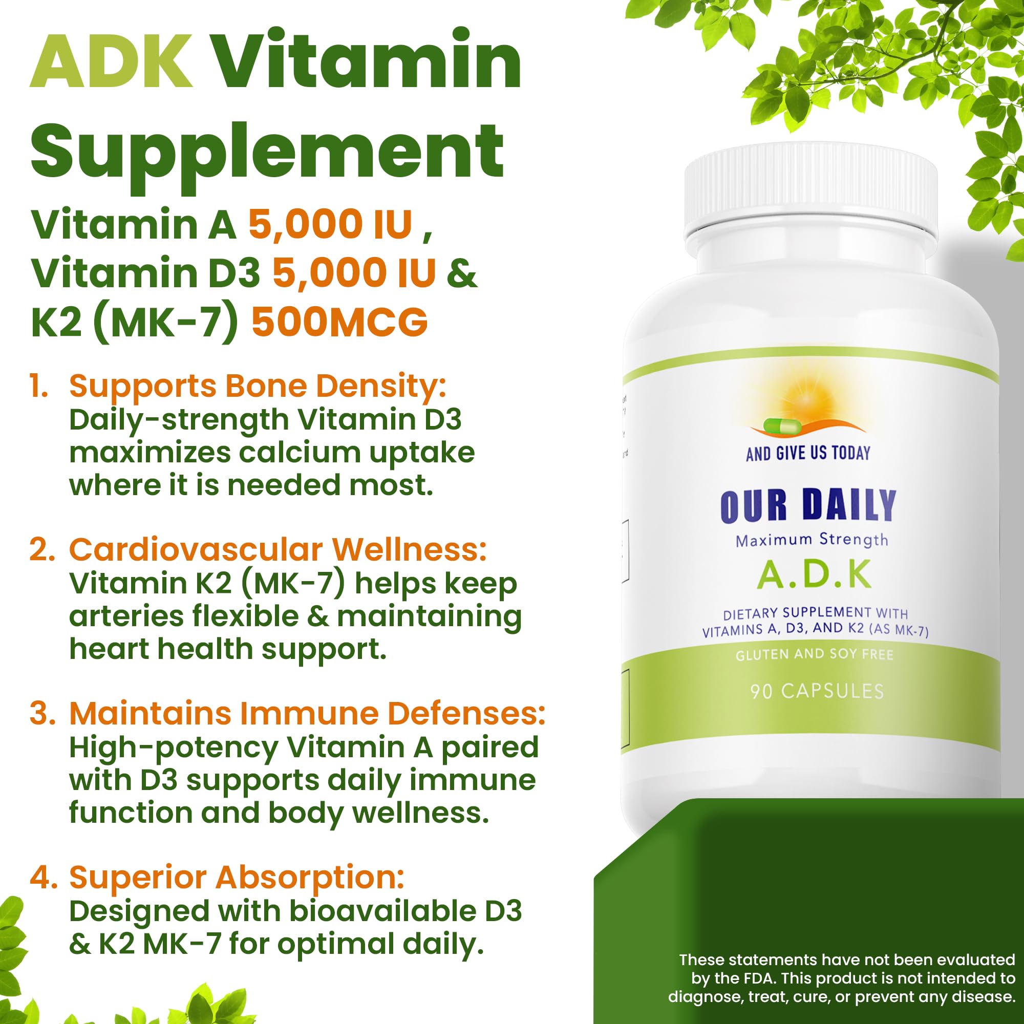 Daily Vites ADK Vitamin Supplement – Vitamins A, D3 & K2 (MK-7) for Bone Health, Calcium Absorption, Heart & Immune Support – Physician Formulated – Non-GMO, Gluten Free – 90 Capsules, 90 Servings — Amazon image 2