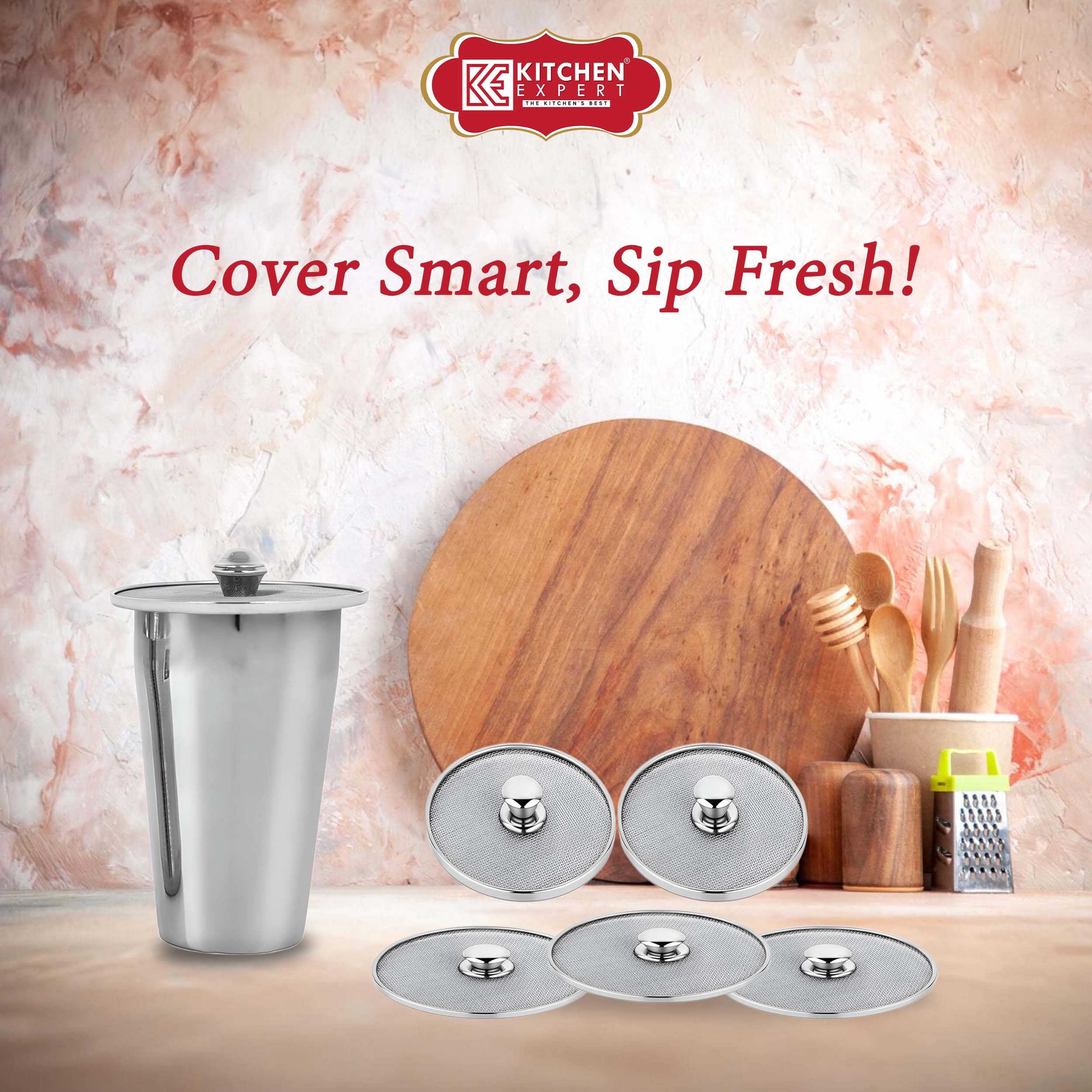 Kitchen Expert Stainless Steel Small Net Lid Set | Set of 6 (9 CM) | Glass Lid/jali | Net Covers With Knob | Cup/Mugs Lids | Steel Round Shape Net Coasters | Strong & Sturdy Handle | Steel Net Ciba 2