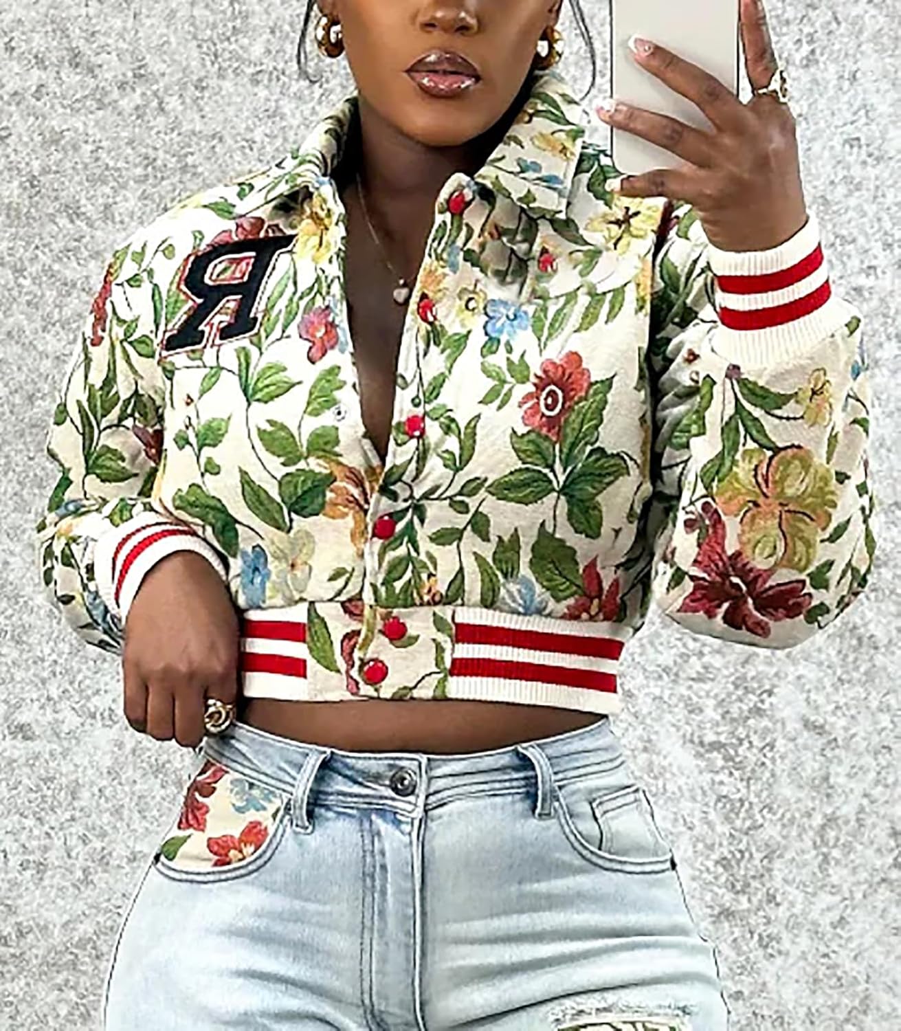KANSOON Varsity Jacket Women Bomber Textured Floral Cropped Jackets Letterman Snap Buttons Long Sleeves Coats - Image 3