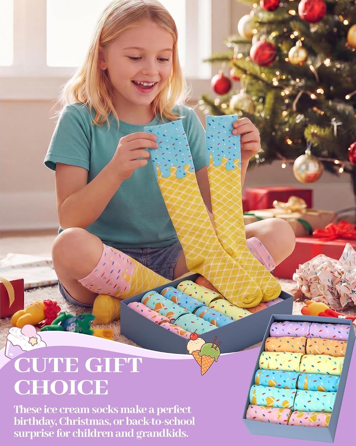 Shyyween 12 Pairs Ice Cream Drip Socks for Girls Boys 6-10 Years Funny Ice Cream Drip Baseball Knee High Socks for Birthday Summer Party Gifts