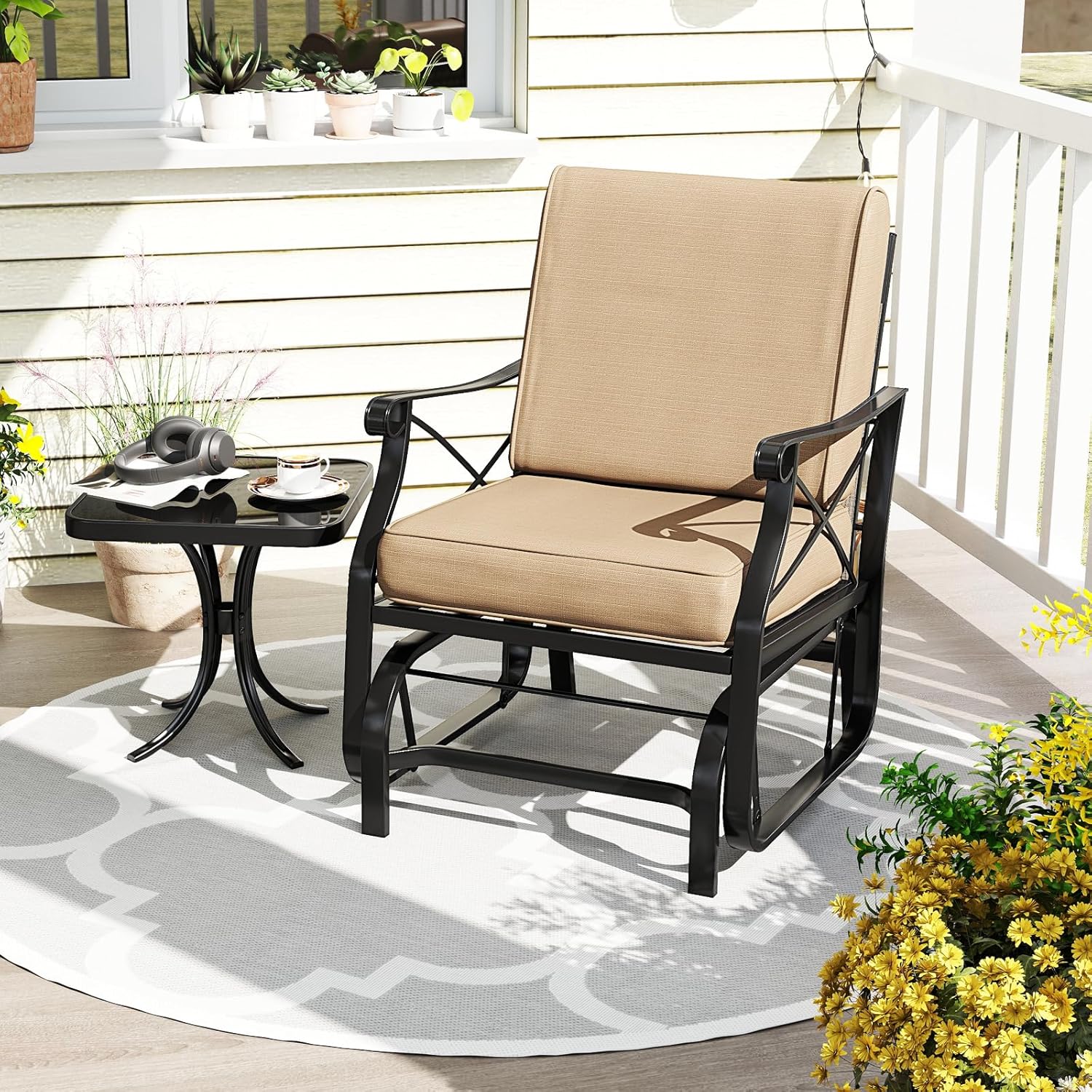 Tangkula Outdoor Glider Rocking Chair, Patio Gliding Chair Furniture with Metal Frame and Thick Cushions for Porch, Balcony, Garden and Yard (1 Pack)