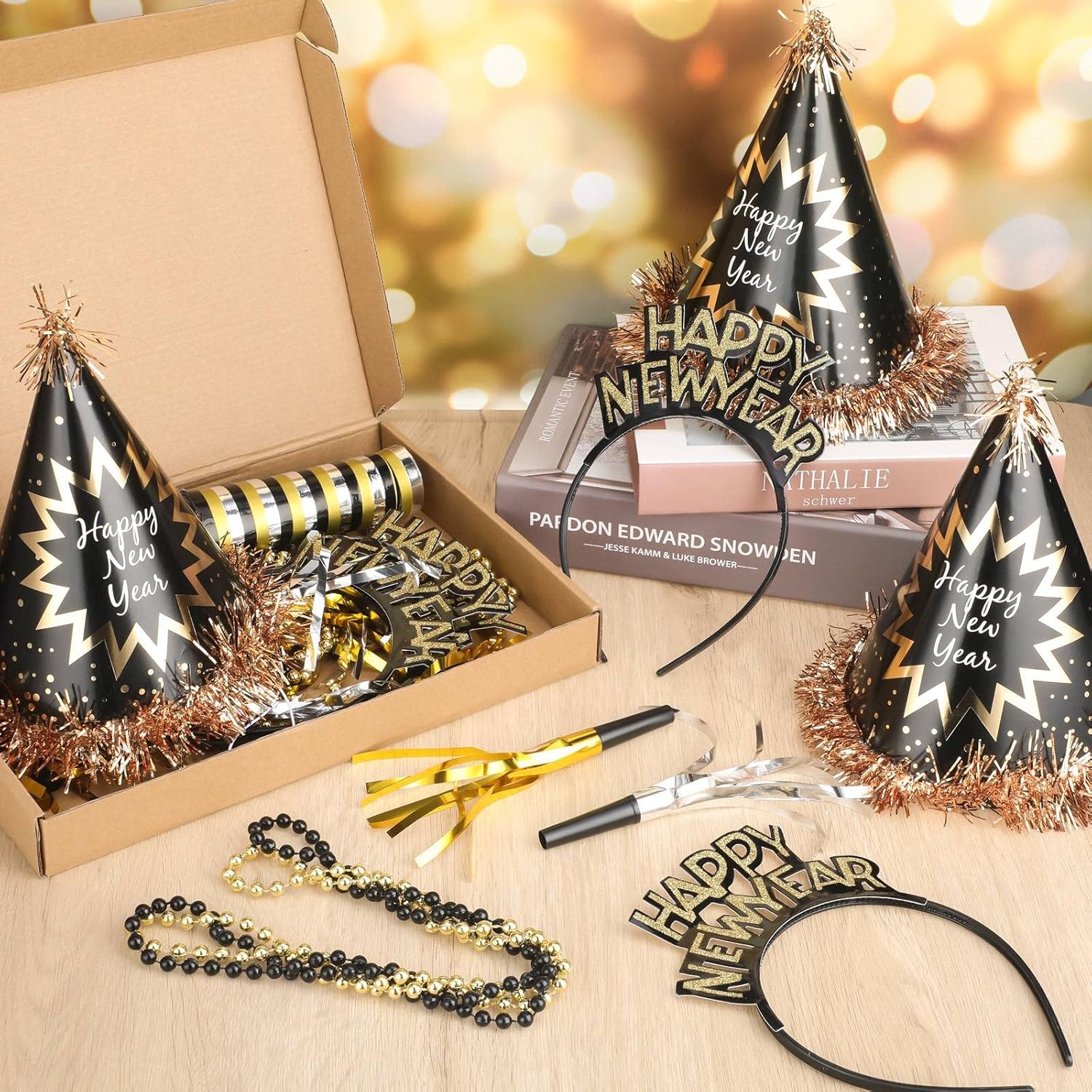 52 Pieces New Year's Party Supplies 2025 Kits for 16, Includes Happy New Year Headband, Tassel Cone Hats, Plastic Necklaces, Aluminum Film Party Favors Supplies