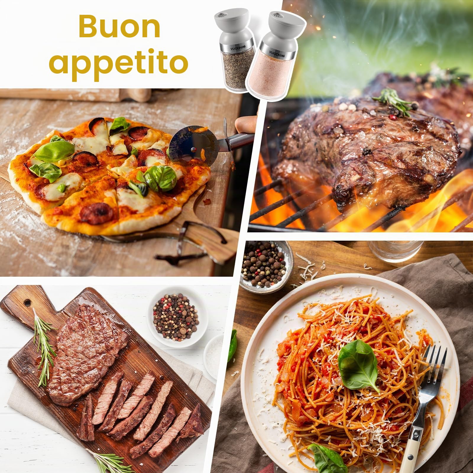 Vucchini Set di Saliera e Pepiera,3 Modalità,Completamente Rimovibile,Lavabile in Lavastoviglie,Grigio