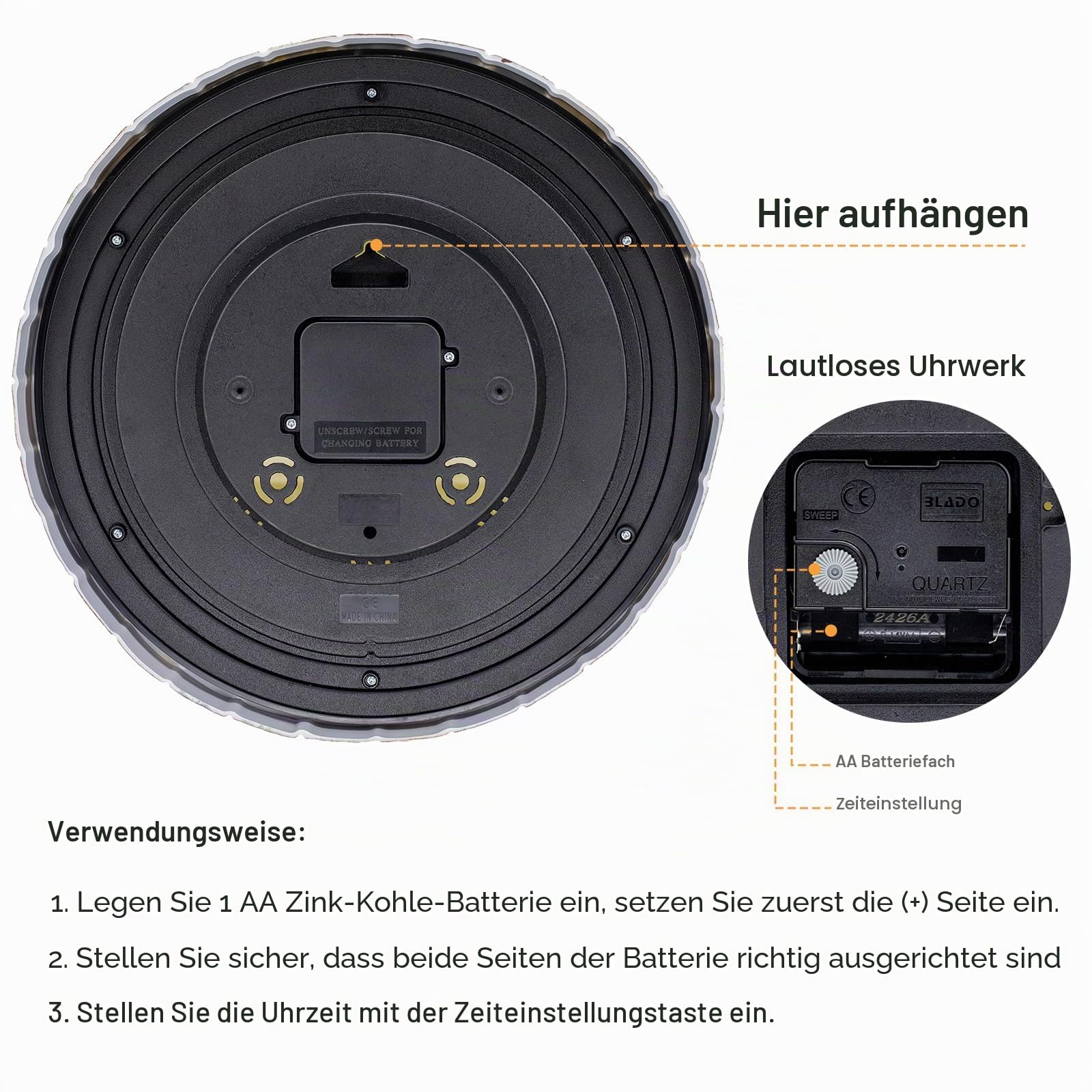 OCEST 13 Zoll Indoor Outdoor Uhr wasserdicht mit Thermometer, wetterbeständig, Nicht tickend, batteriebetriebene Dekoruhr für Terrasse, Pool, Veranda, Garten (Retro-Grau)