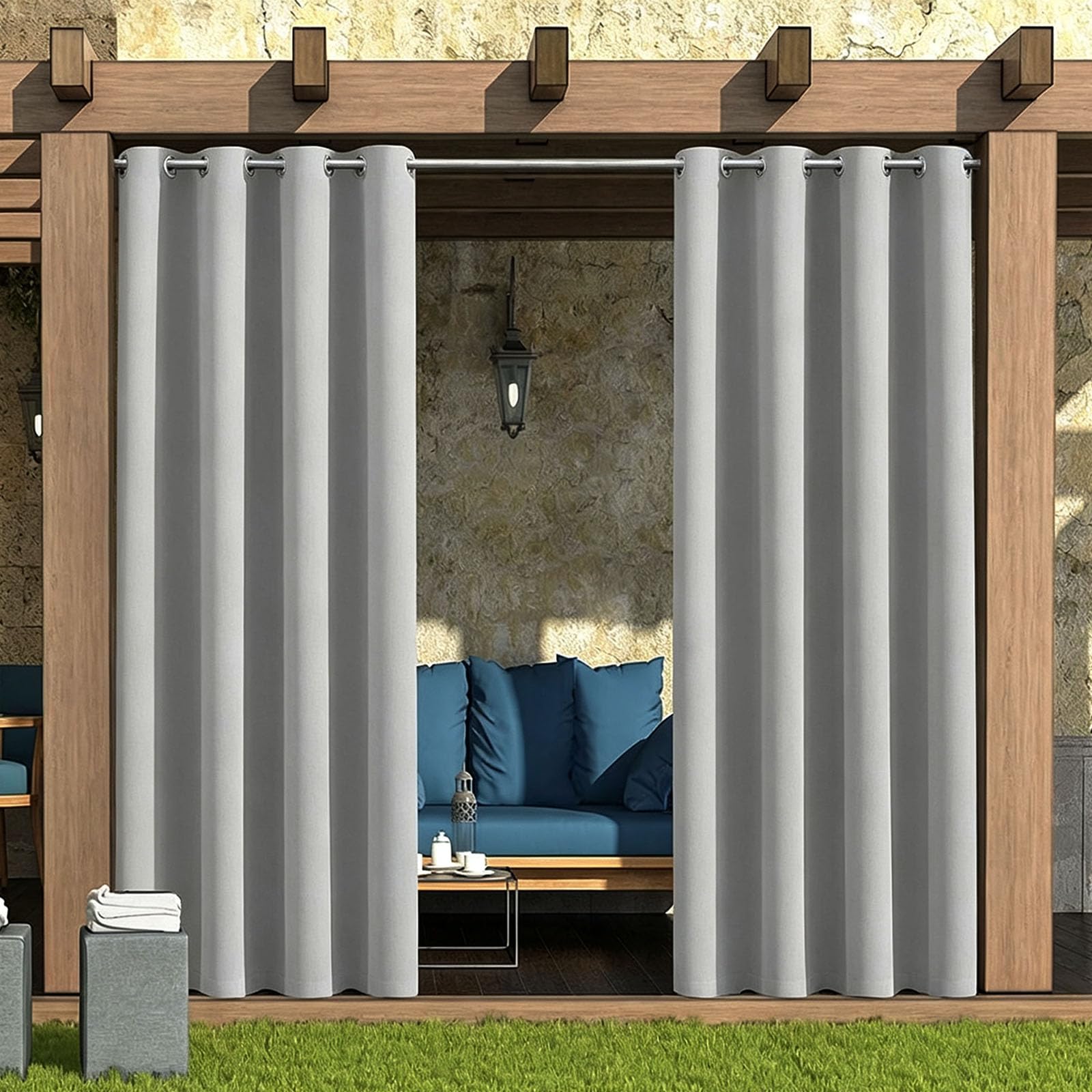 Zasłony Zewnętrzne 164 x 218 cm Niestandardowy Rozmiar, Wodoodporna, Markiza Przeciwsłoneczna, Zasłona Tarasowa, Ekran Prywatności Zasłony Tarasowe Do Patio I Altany, Jasny szary
