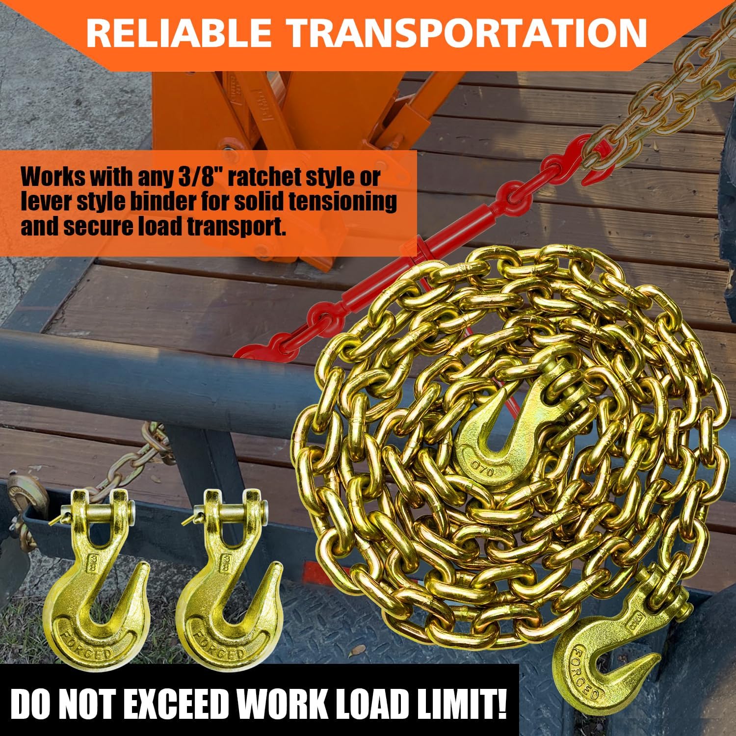 3/8'' Chain G80 Trailer Tow Chain 10ft, 7,100 lb WLL, 4 Clevis Grab Hooks, Yellow Zinc Chromate, Logging Chain for Towing & Trailer Tie-Down
