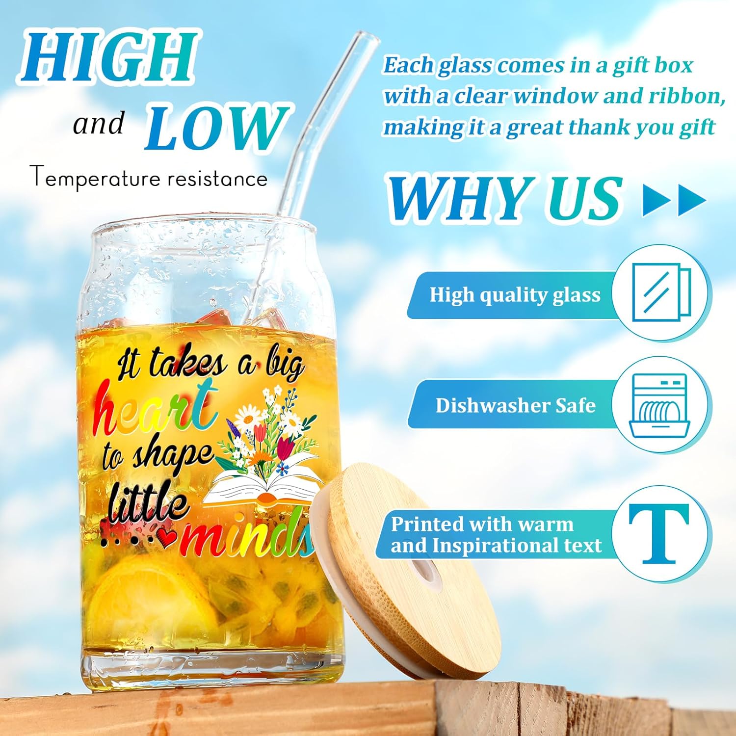 Layhit 12 Set Teacher Appreciation Gifts Glass Cups Bulk for Women Men 16 oz Thank You Drinking Cups Can Shaped Glass with Lids Straws and Gift Boxes for Multiple Teachers School Staff Preschool