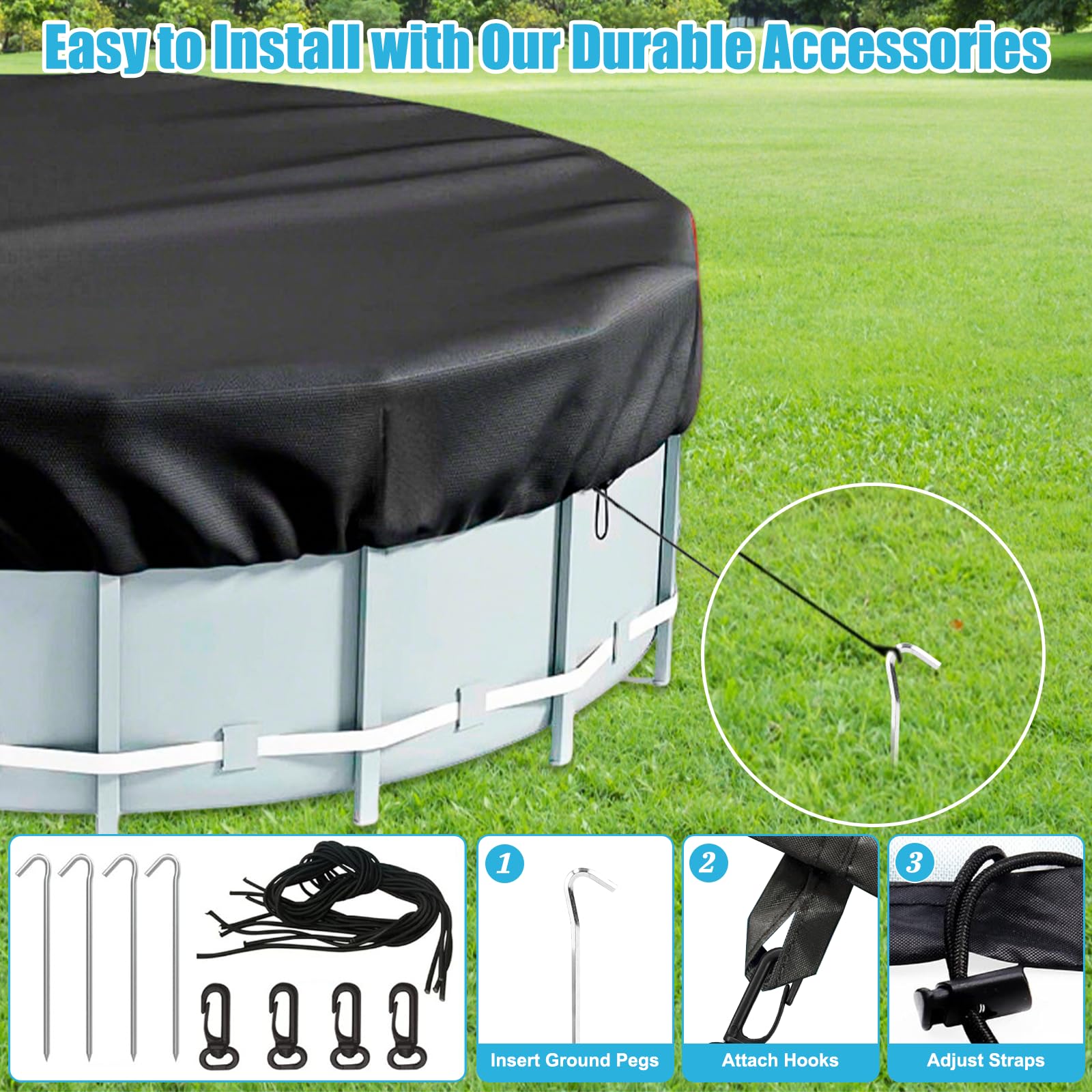 Cubierta para Piscinas, Cubierta de Piscina Redonda, Lona Cubre Piscina con Ganchos,Clavijas y Cuerdas De Fijación, Cobertor Piscina Resistente a los Rayos UV y al Polvo (Ø366cm)