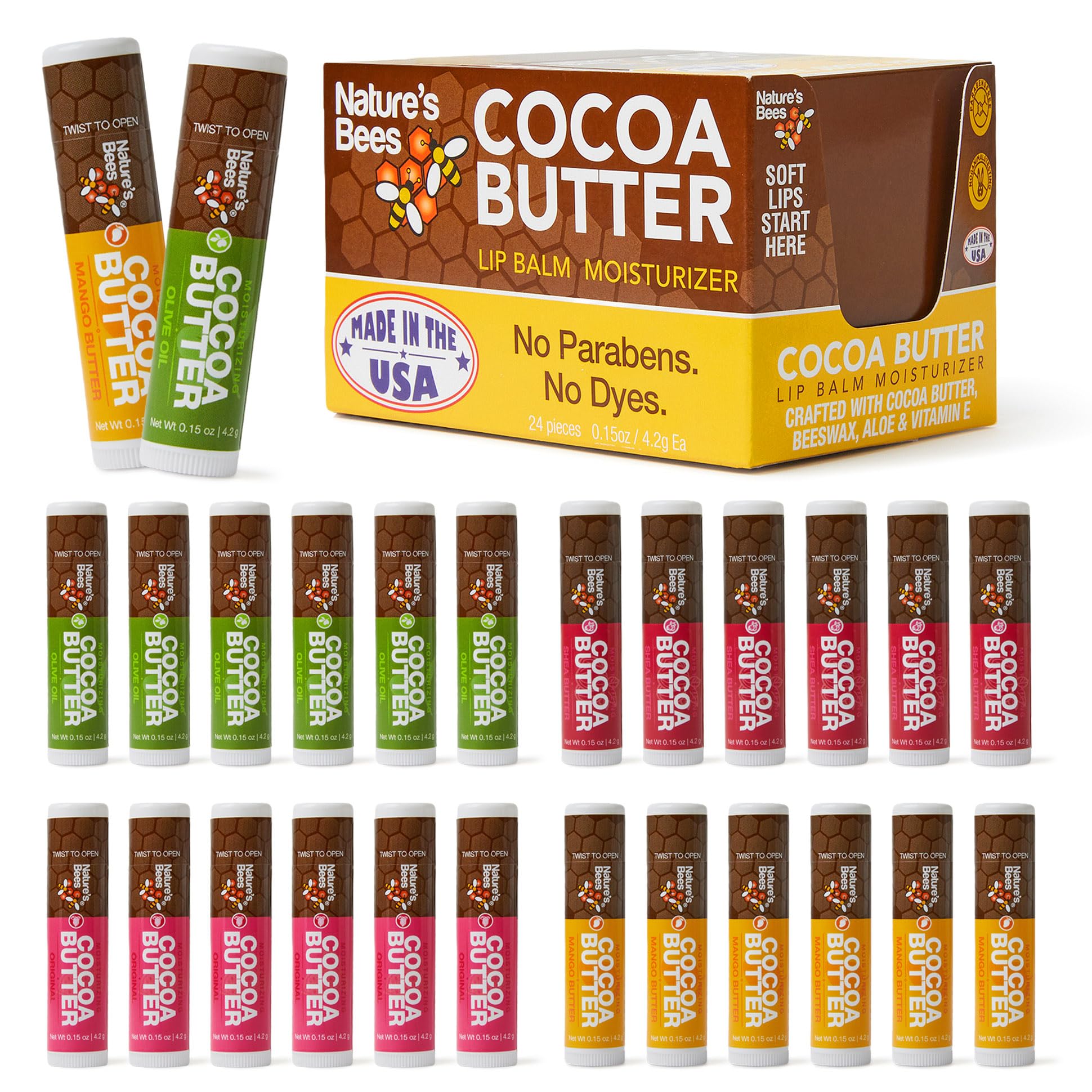 Nature's Bees Cocoa Butter Lip Balm Moisturizer, 24 Pack - 4 Flavors, Original, Shea Butter, Mango Butter, & Olive Oil, Made with Coconut Oil, Beeswax, Vitamin E and Aloe, 0.15 oz - Packaging May Vary
